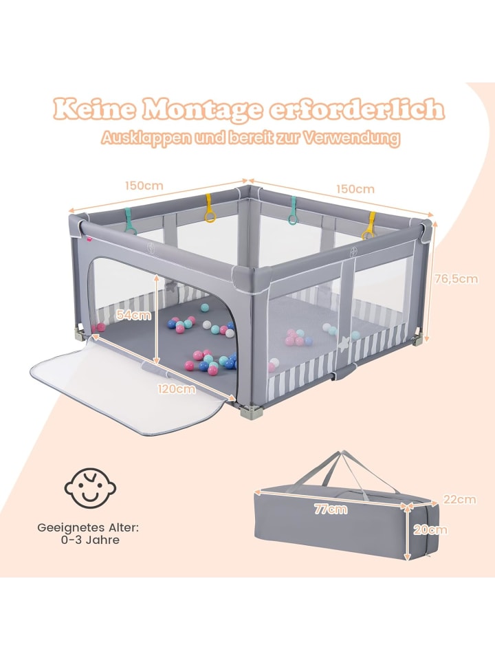 COSTWAY Laufgitter 150cm faltbar mit atmungsaktivem Netz & 50 Bälle in Grau günstig kaufen onesize