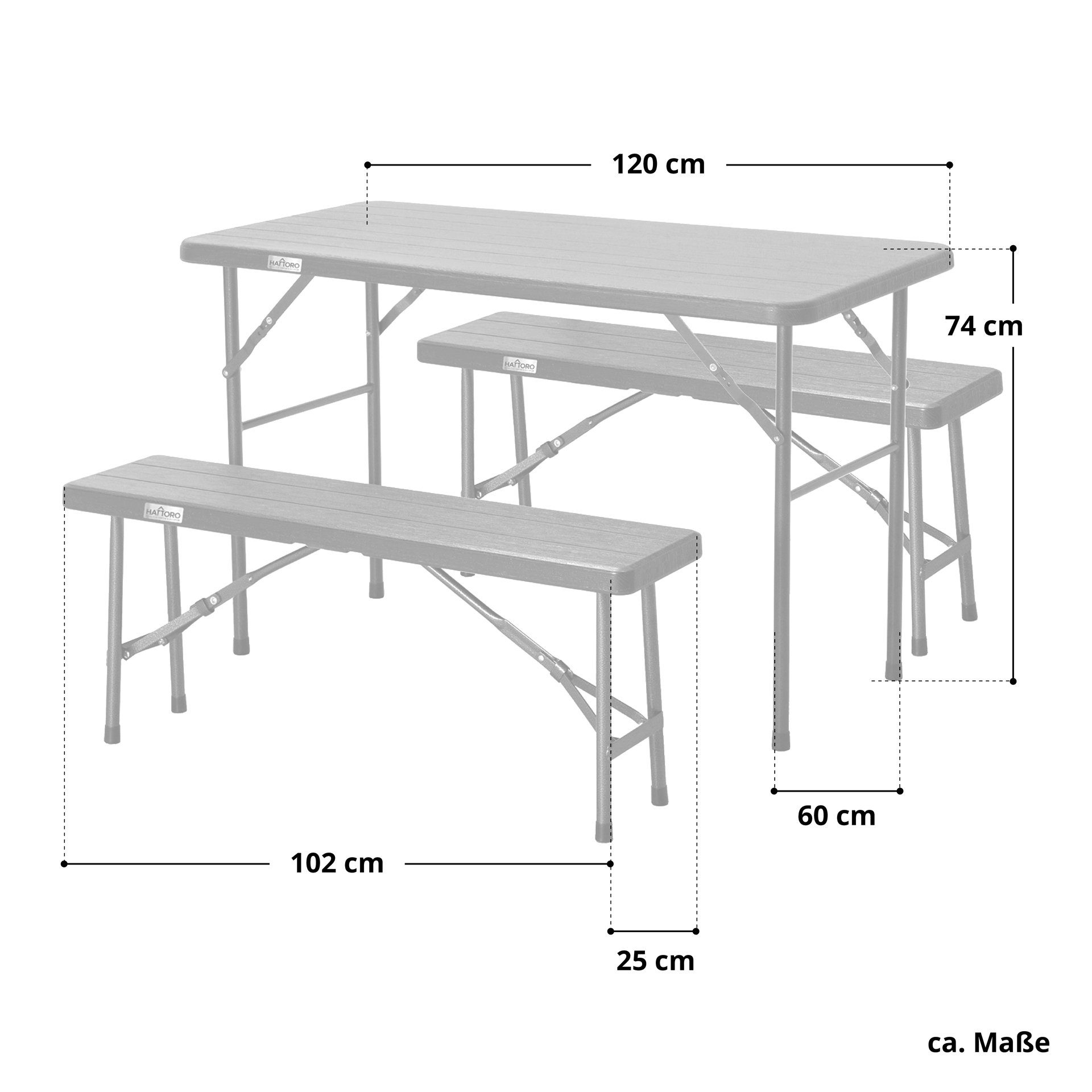 HATTORO Bierzeltgarnitur, (Set, 3-tlg., 1 Tisch mit 2 Bänken), Klappbar, Holzoptik, 120cm lang