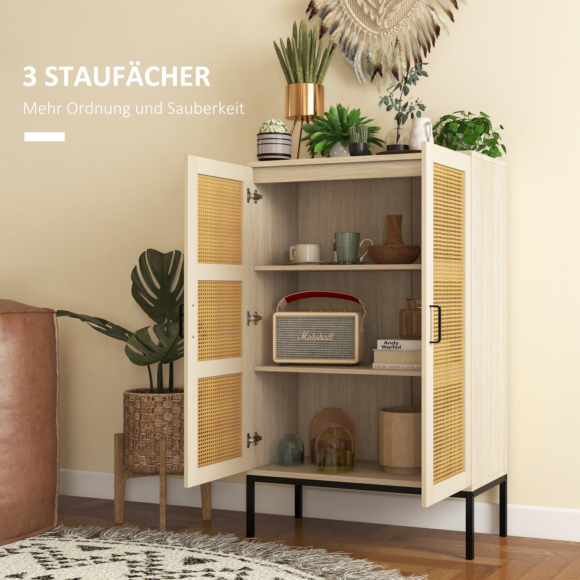 HOMCOM Highboard Aufbewahrungsschrank mit 3 Regalen, Doppeltür, für Wohnzimmer (Küchenschrank, 1 St., Sideboard), Kippsicheres Design