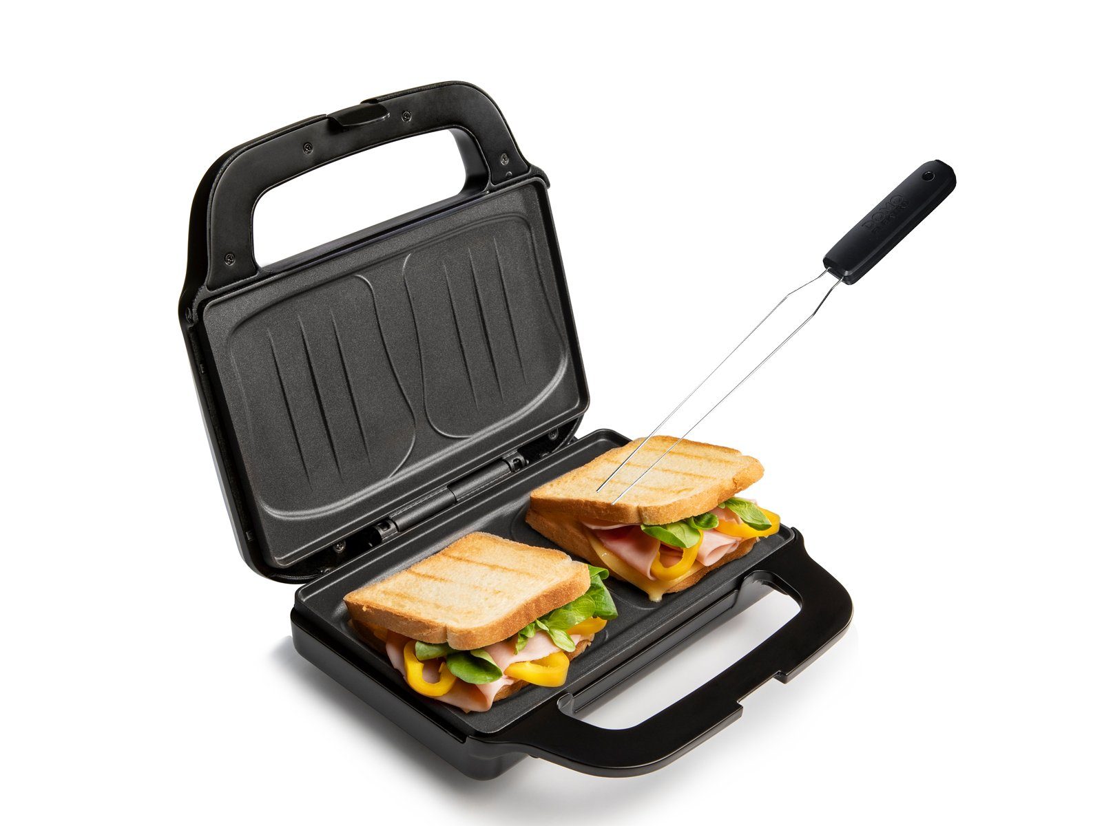 Domo Sandwichmaker, 900 W, 2er Toaster XXL Snack Panini-Maker & Gabel extra tief große Toasties