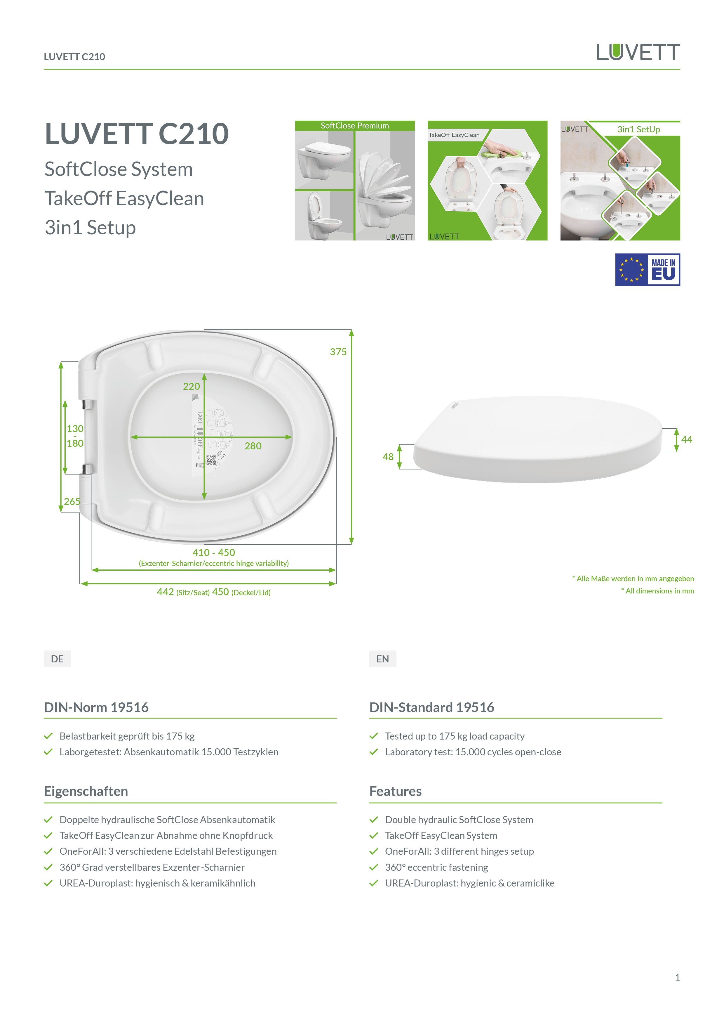LUVETT WC-Sitz Universal C210 (Inklusive 3 Befestigungsarten), mit Absenkautomatik, Wrap-Over, Duroplast, Deutsche Markenqualität