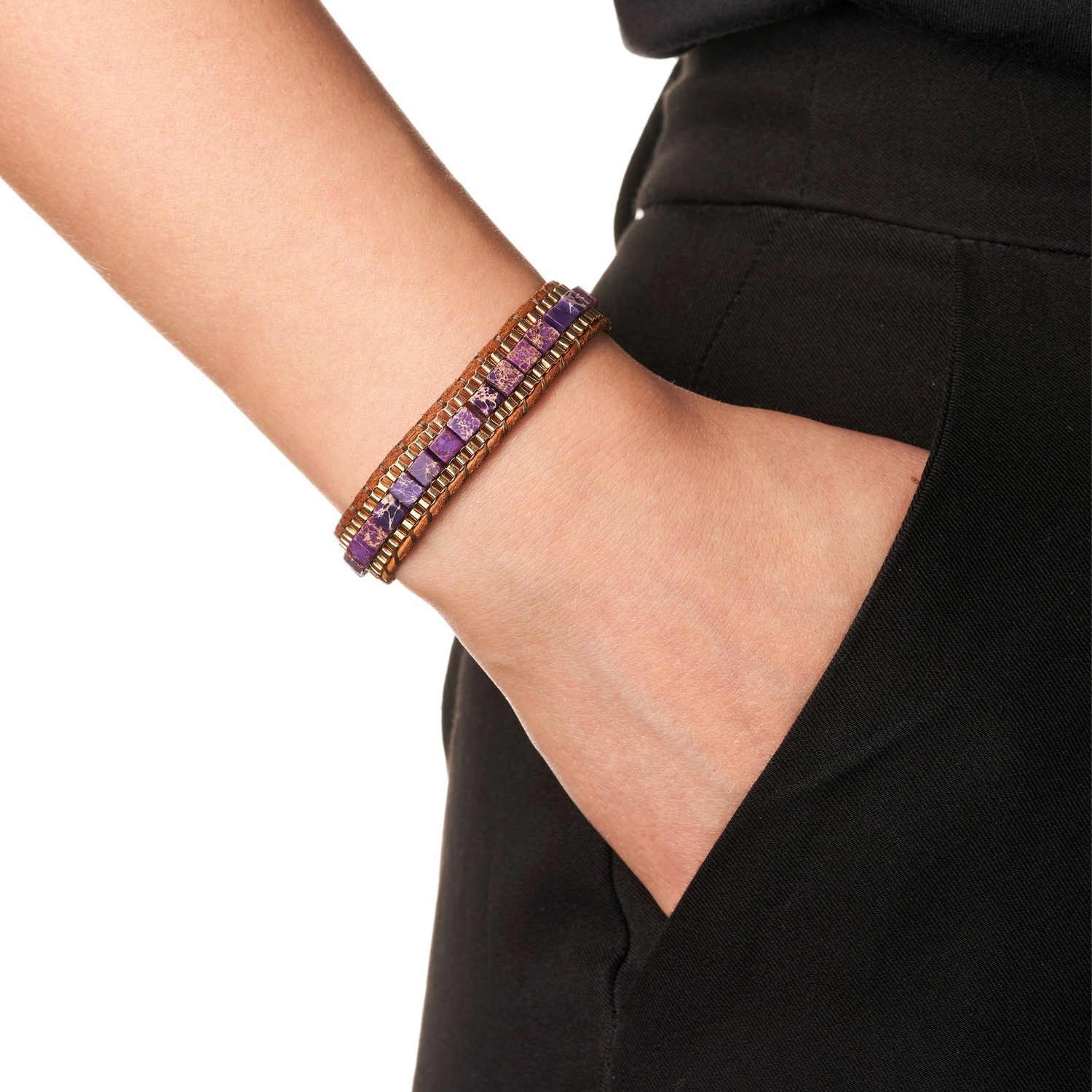 Yoga Armband - Jaspis Edelstein Perlen Lila mit Lotus Anhänger