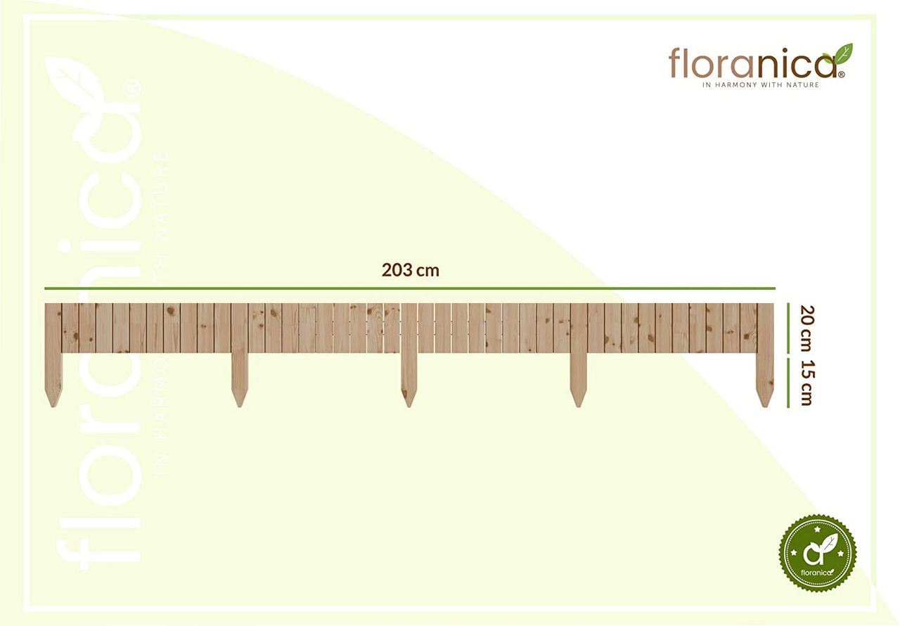 Pemicont Floranica Rollborder II Flexibler Holzzaun 203cm (kürzbar) Höhe: 20cm Unbehandelt Kiefernholz Beeteinfassung Rasenkante Beetumrandungen