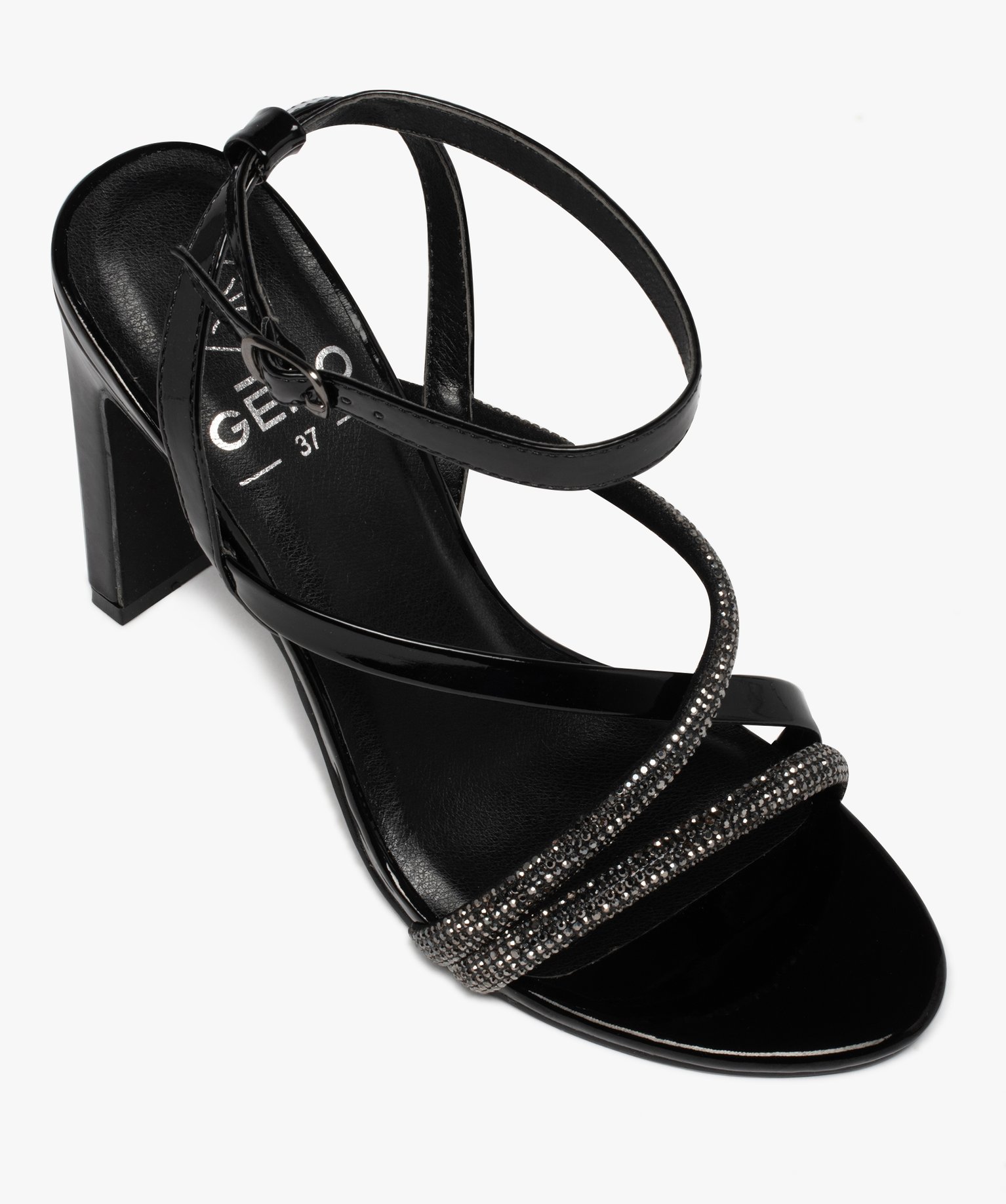 Sandales femme à talon haut dessus vernis et strass noir | GEMO