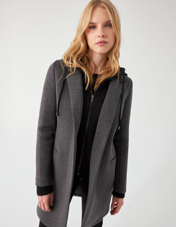Manteau long en néoprène et capuche amovible femme