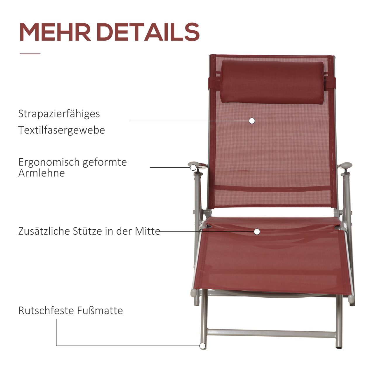 Outsunny Sonnenliege Liegestuhl mit Kopfkissen, Gartenliege für Balkon, Mesh Rot