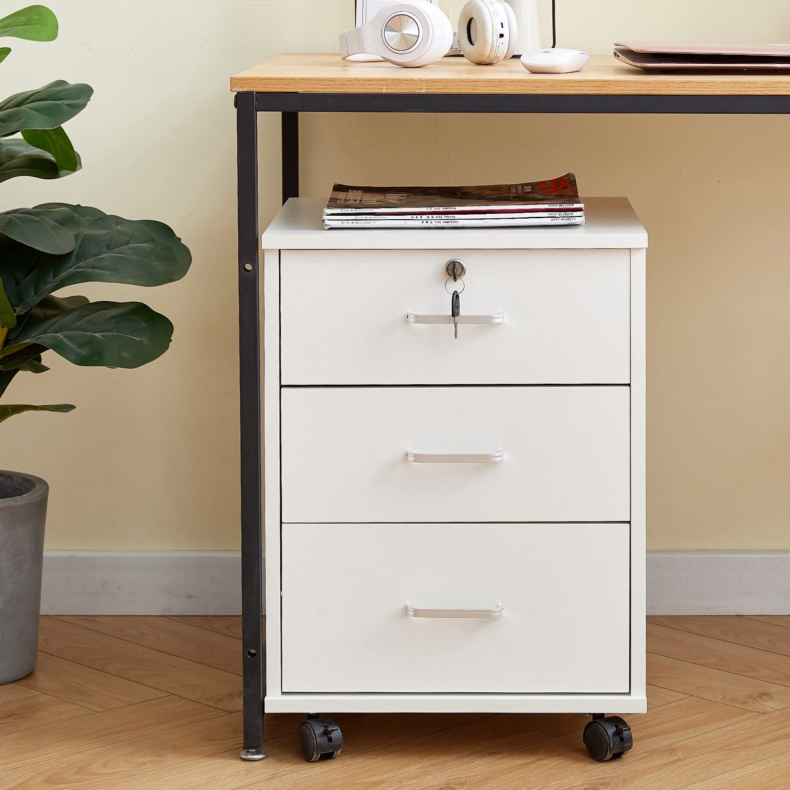 CLIPOP Aktenschrank Rollcontainer mobiler Büroschrank, Kommode mit 3 Schubladen