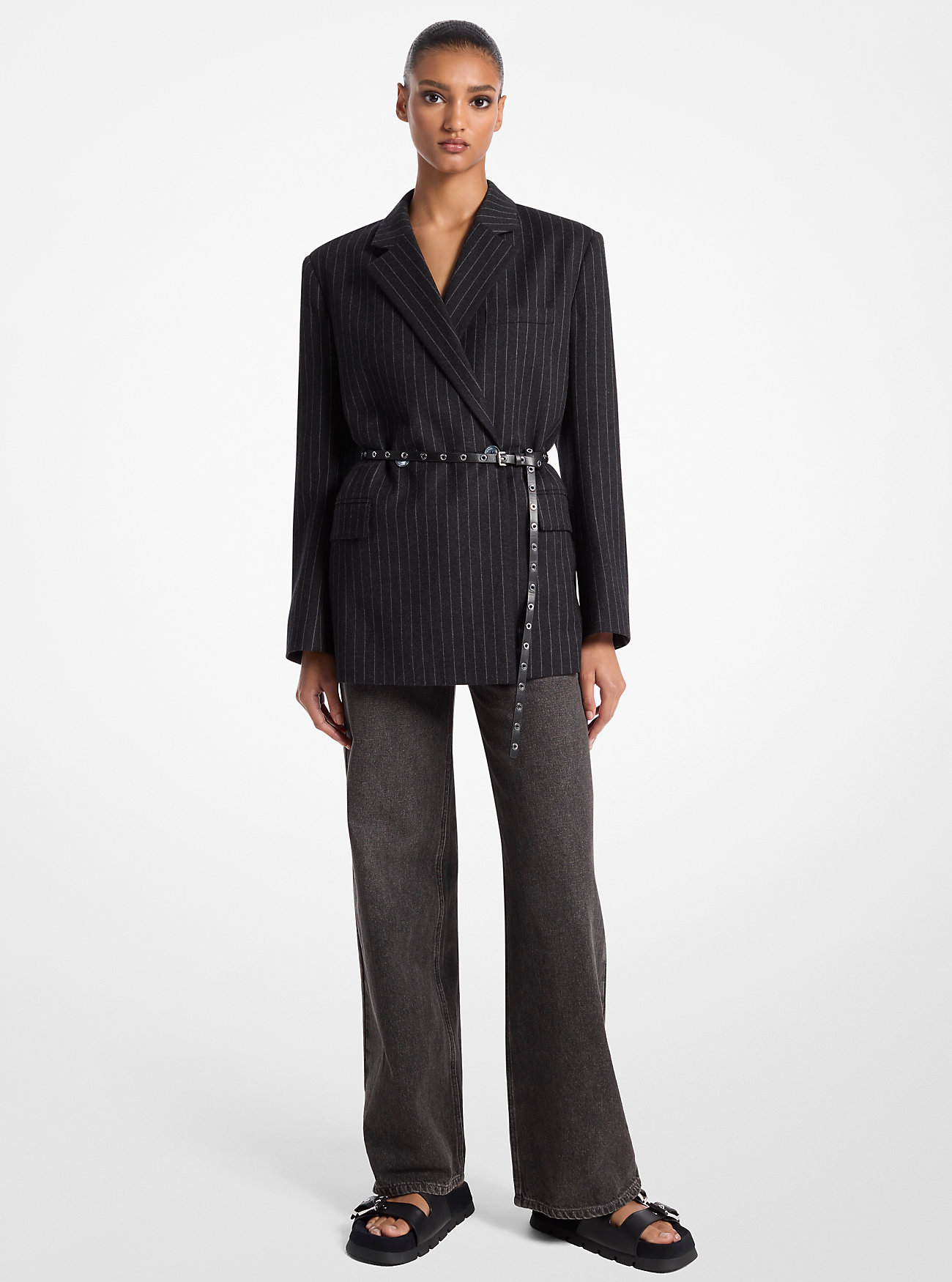 Stripete ullblandingsblazer med belte og dobbeltspent - CHARCOAL HEATHER