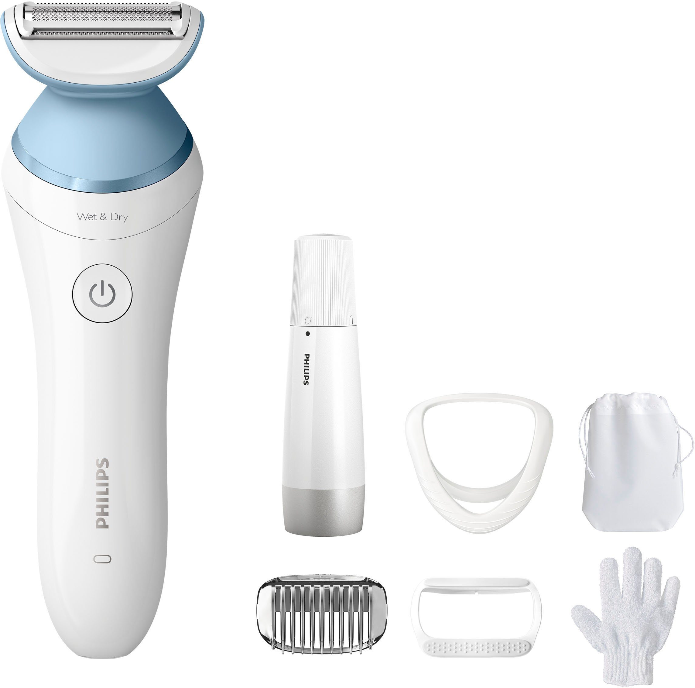 Philips Elektrokörperrasierer SatinShave Advanced BRL166/91, Aufsätze: 3, nass oder trocken, inkl. Gesichtshaartrimmer, Handschuh, Tasche