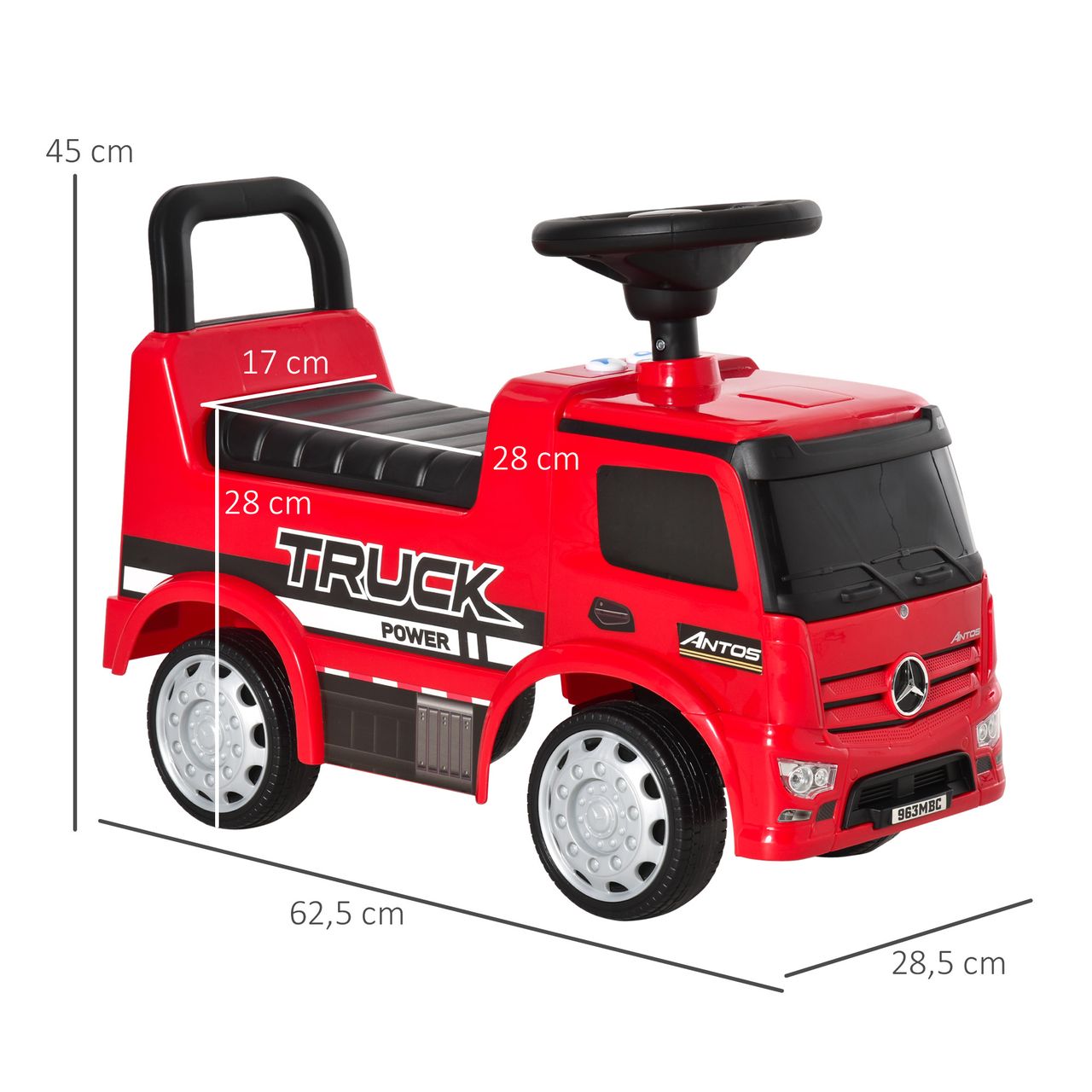 HOMCOM Rutscherfahrzeug Rutscherauto Babyrutscher Kinderfahrzeug lizenziert von Mercedes ANTOS-LKW-Stil mit Licht für Kinder von 12 bis 36 Monaten Metall PP-Kunststoff Rot Schwarz 62,5x28,5x45cm