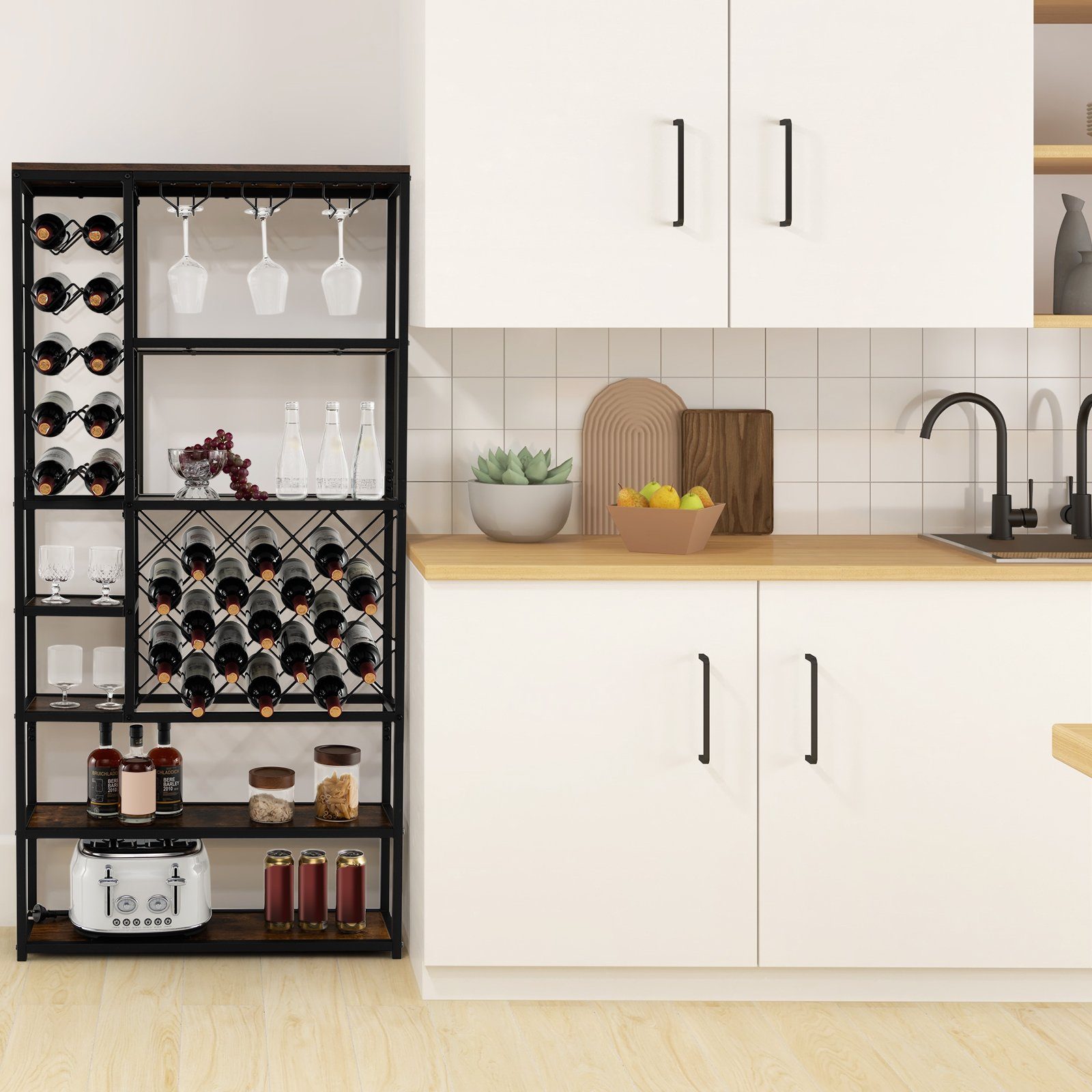 COSTWAY Weinregal, stehend, Metall, für 27 Flaschen, mit Glashaltern & Regal