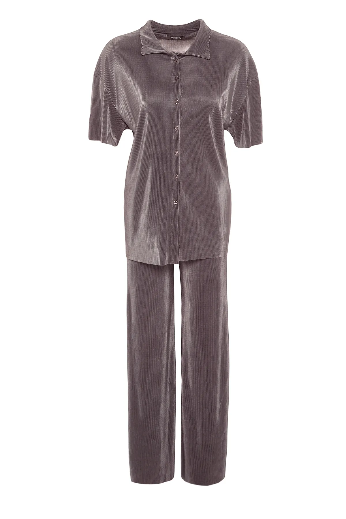 Trendyol Collection  Anthrazitfarbenes, weit geschnittenes Plissiertes Hemd und Hose aus Strickoberteil TWOSS23AU00021