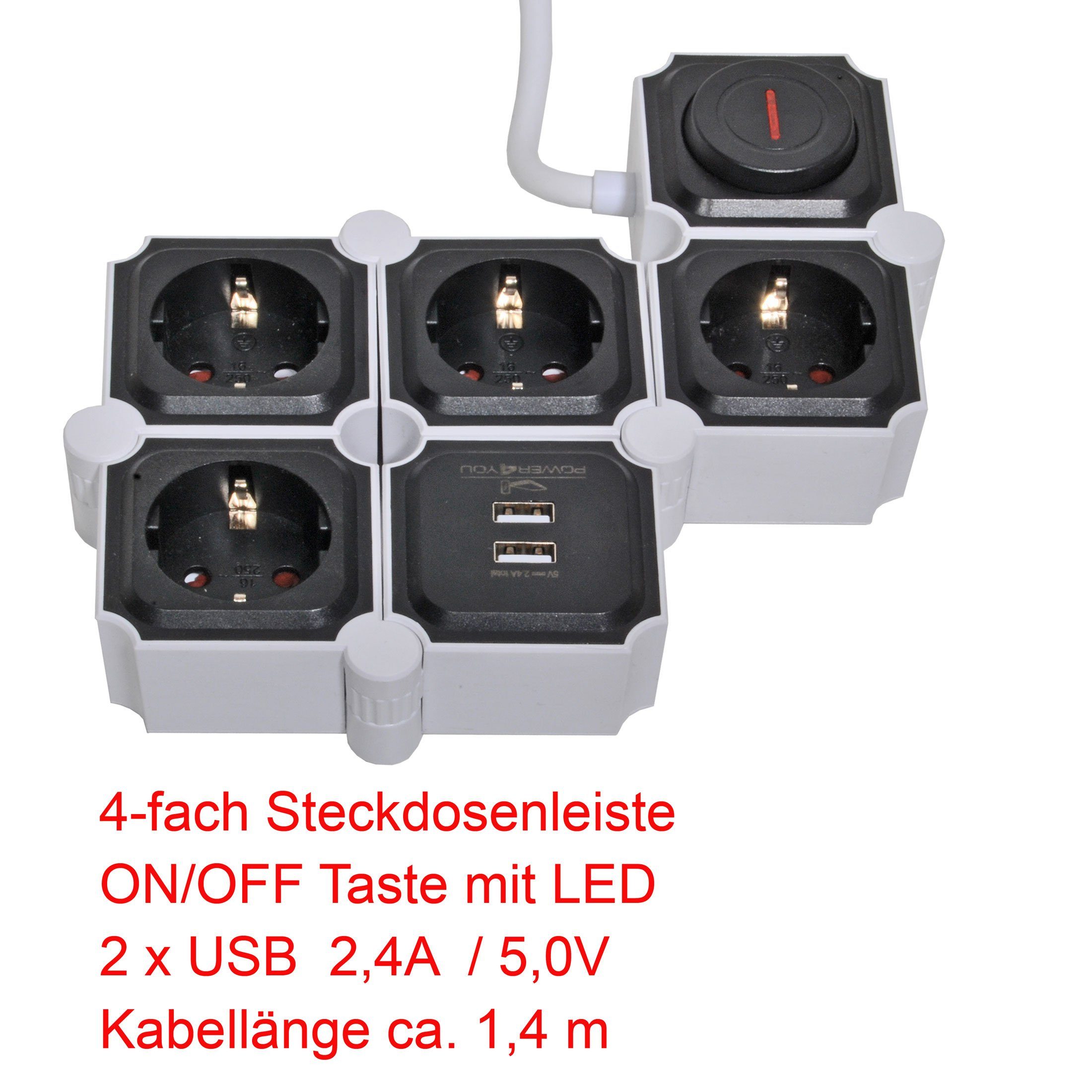 Schwaiger 4-fach Steckdosenleiste 2 x USB (4,2A) Schalter Mehrfachstecker Mehrfachsteckdose (Ein- / Ausschalter, USB-Anschlüsse, Schalterbeleuchtung, separate Ein- / Ausschalter, Flexible Einsatz, 1,5M kabel), inkl. 2 x USB 12w