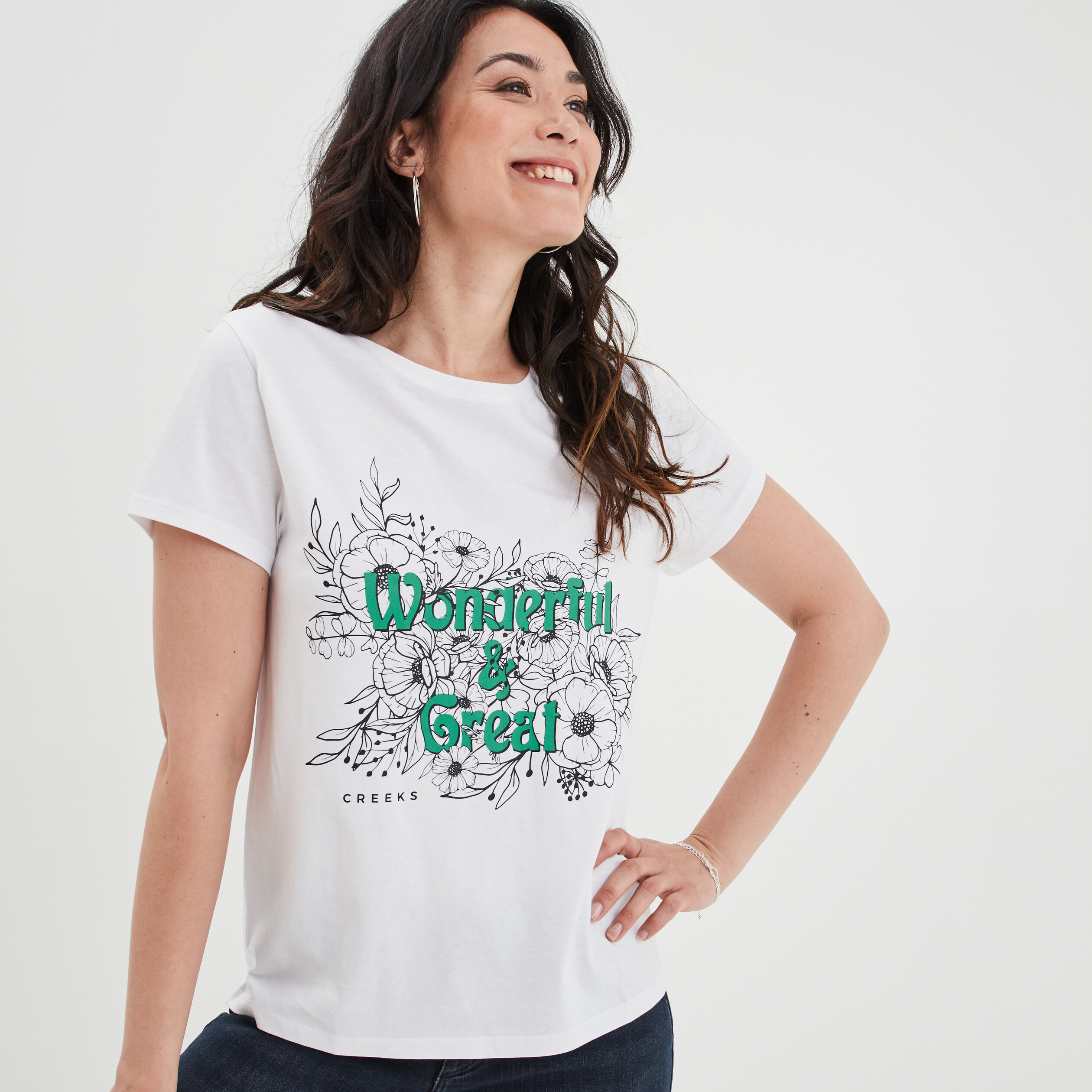 T-shirt ajusté col rond coton Creeks ecru femme | La Halle