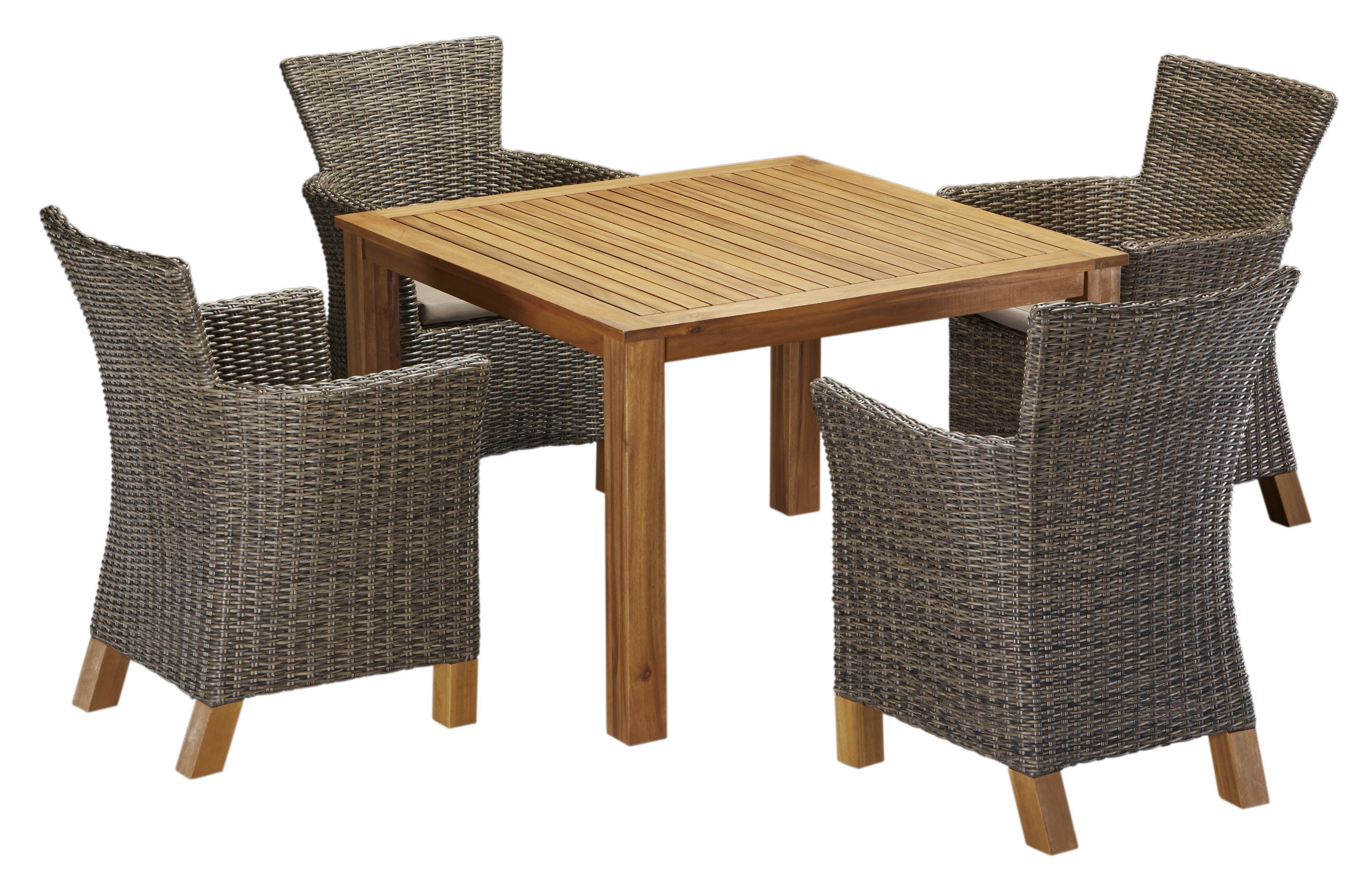 MERXX Garten-Essgruppe Toskana, (9-tlg), 4 Sessel, Tisch 110x110x75 cm, Polyrattan/Akazie