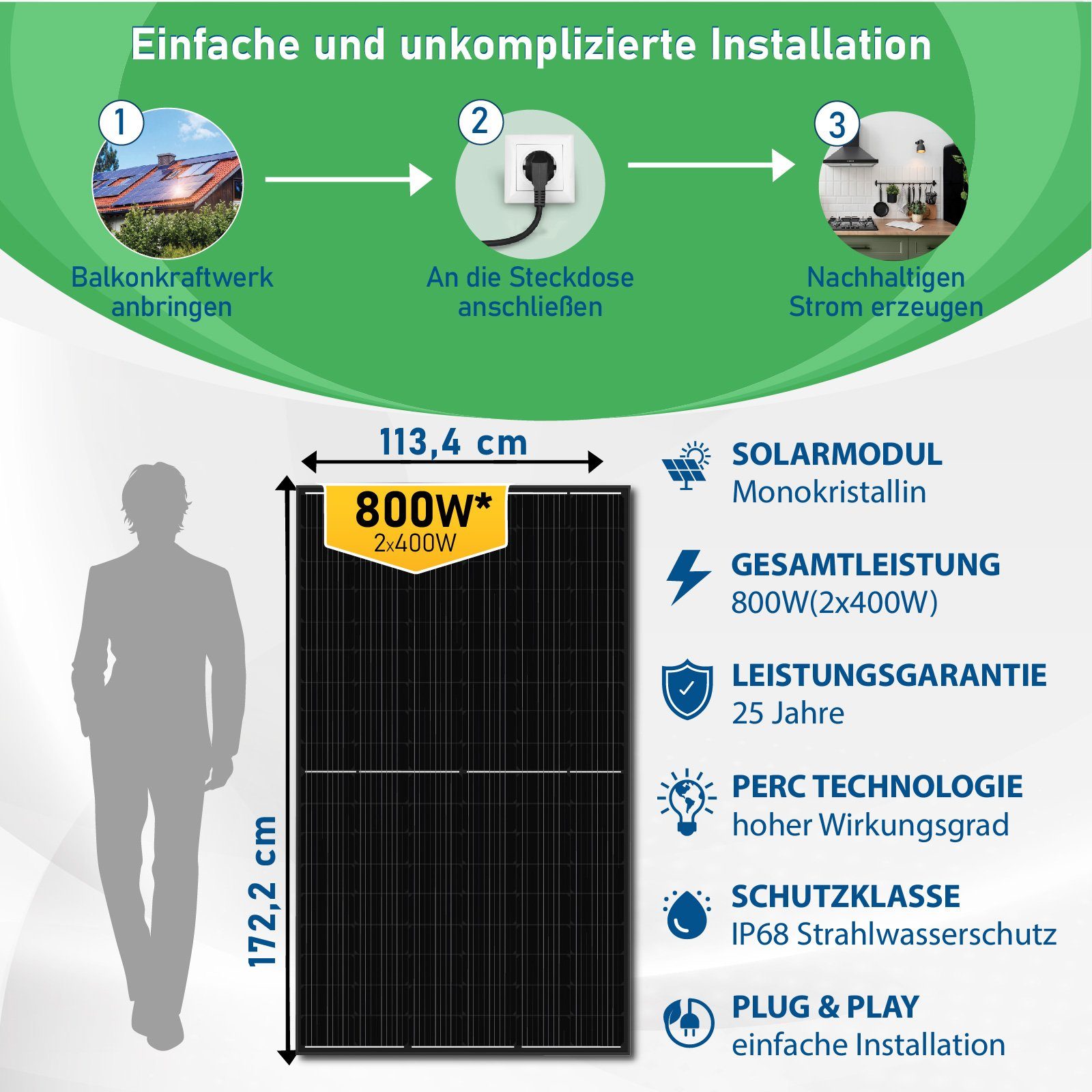 Campergold Solaranlage 800W Balkonkraftwerk Komplettset mit 400W Black Frame Solarmodule, Monokristallin, (Neu Generation 800W Deye WIFI Wechselrichter mit Relais), Balkon-Solaranlage steckerfertig für Ihr Haus, Plug & Play
