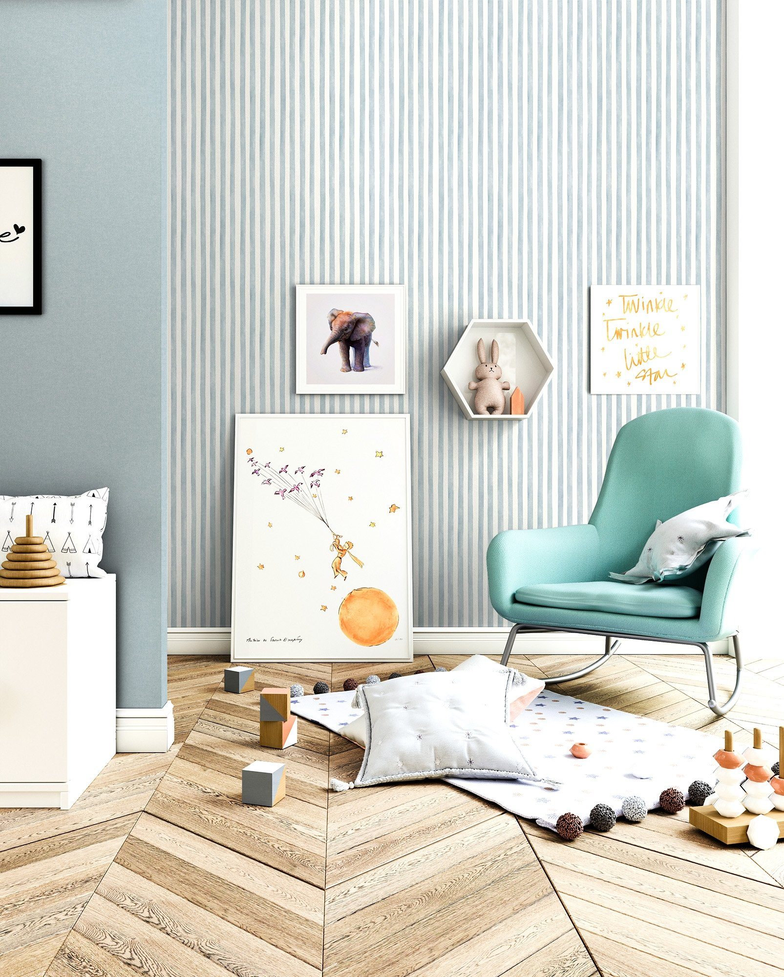 Newroom Vliestapete, Blau Tapete Kinder Streifen - Kindertapete Jugendtapete Blaugrau Weiß Verspielt Landhaus Linien Wasserfarbe für Kinderzimmer Jugendzimmer Babyzimmer
