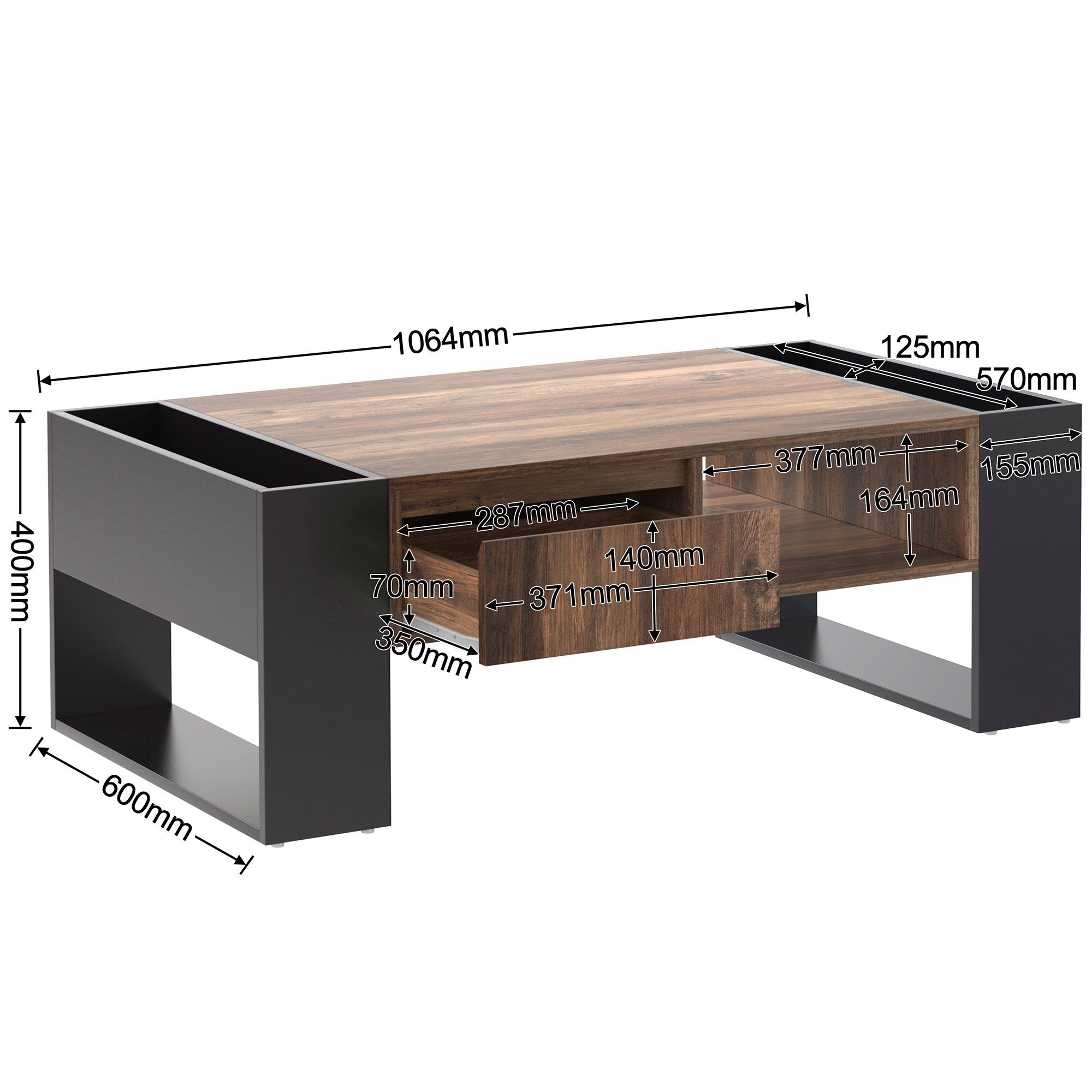 PFCTART Couchtisch Holzmaserun Couchtisch,Heckstaufach, doppelseitiger Stauraum