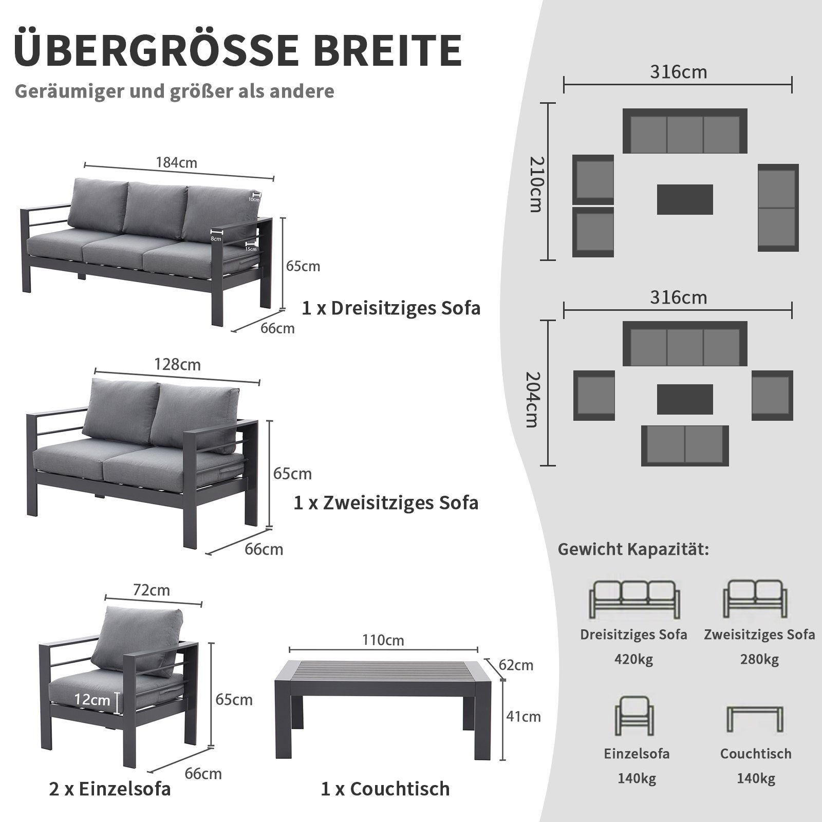 MeXo von GLP HOME Loungeset Gartenmöbel set sale aus Aluminium, Gartenlounge Set für 4-7 Personen, (Spar-Set, Essgruppe 4-5-tlg., 1x3er-Sofa, 1x2er-Sofa, 2xEinzelsessel, 1xTisch)
