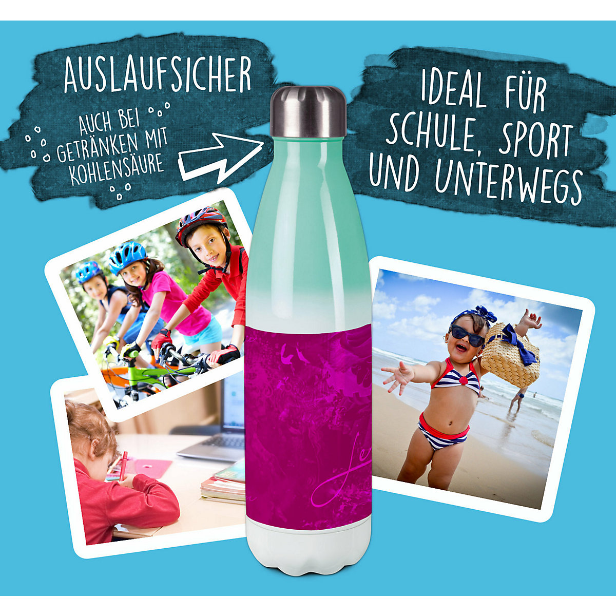 Edelstahl Kinder Thermoflasche / Trinkflasche bunt Traum Farbe brombeere Spülmaschinenfest, Auslaufsicher, Bruchfest, Doppelwandig, Für Heißgetränke geeignet, Mit Deckel, Isoliert