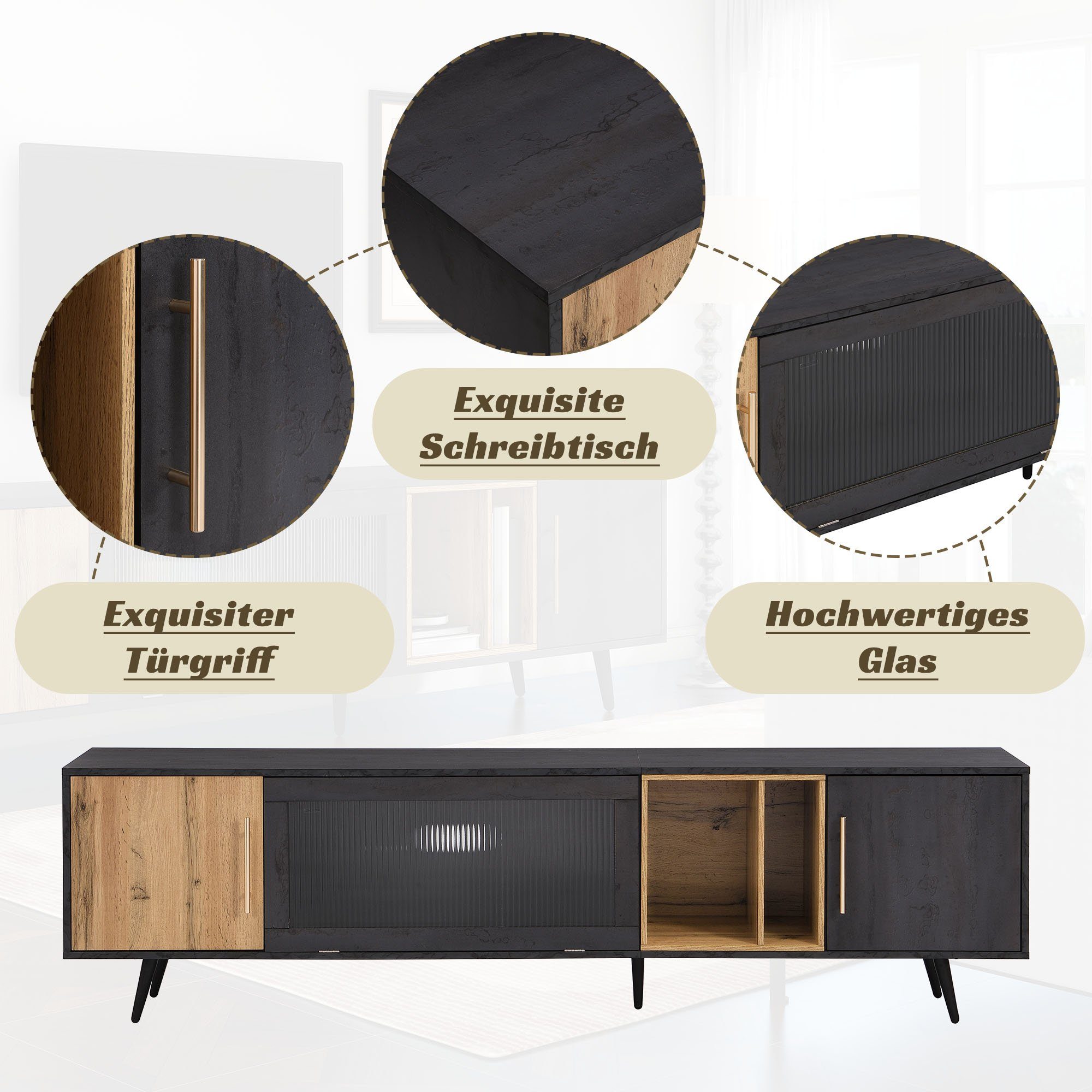Merax Lowboard mit Klapptür aus Glas und abnehbarem Fach, TV-Schrank mit großen Stauraum, Breite 200cm