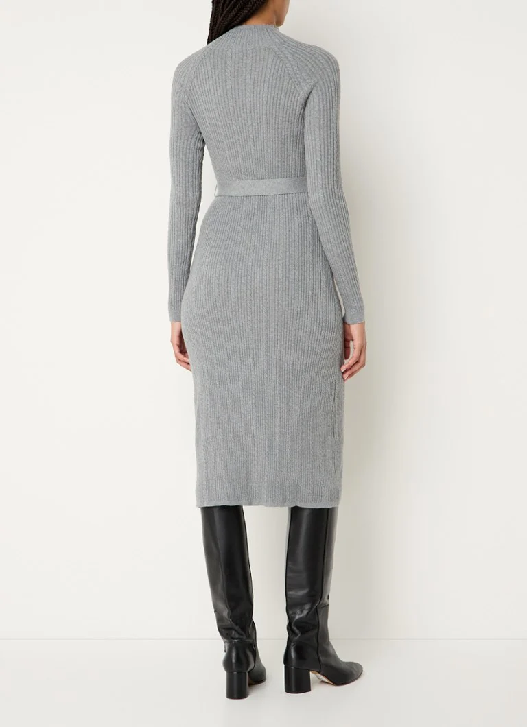 LKBennett West ribbed knit midi sheath dress in wool blend with tie belt