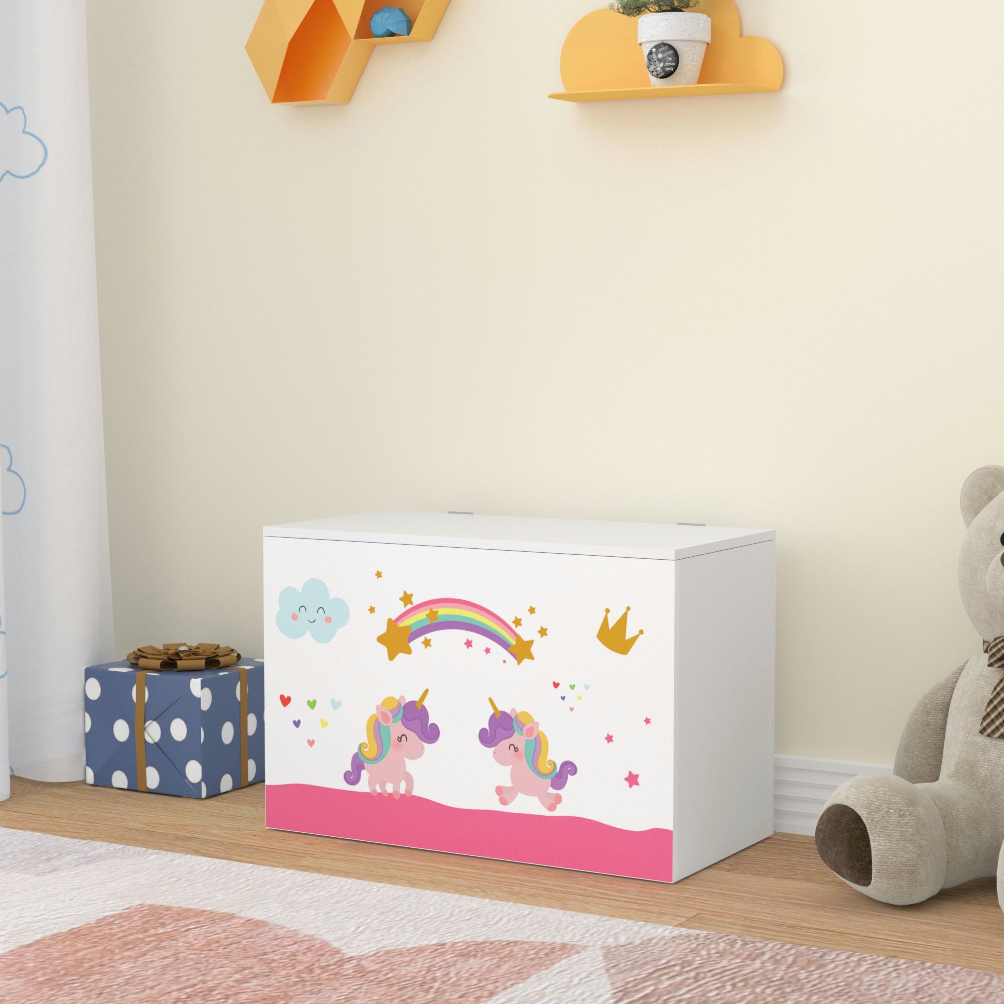 en.casa Spielzeugtruhe, Oleiros Spielzeugkiste Aufbewahrungsbox 40x60x30cm in Einhorn Motiv