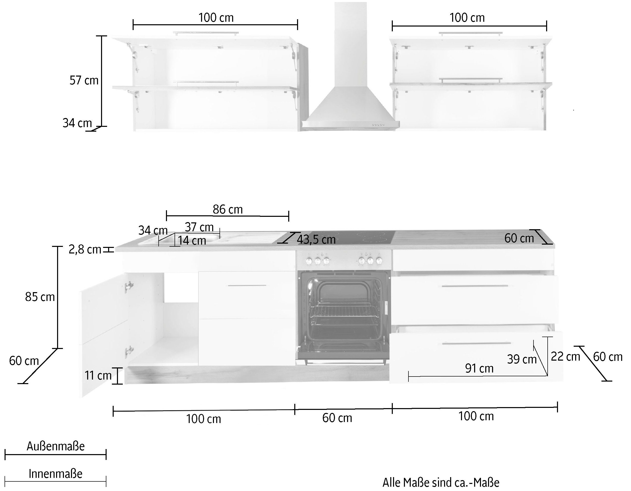 HELD MÖBEL Küchenzeile Wien, Breite 260 cm, wahlweise mit E-Geräten