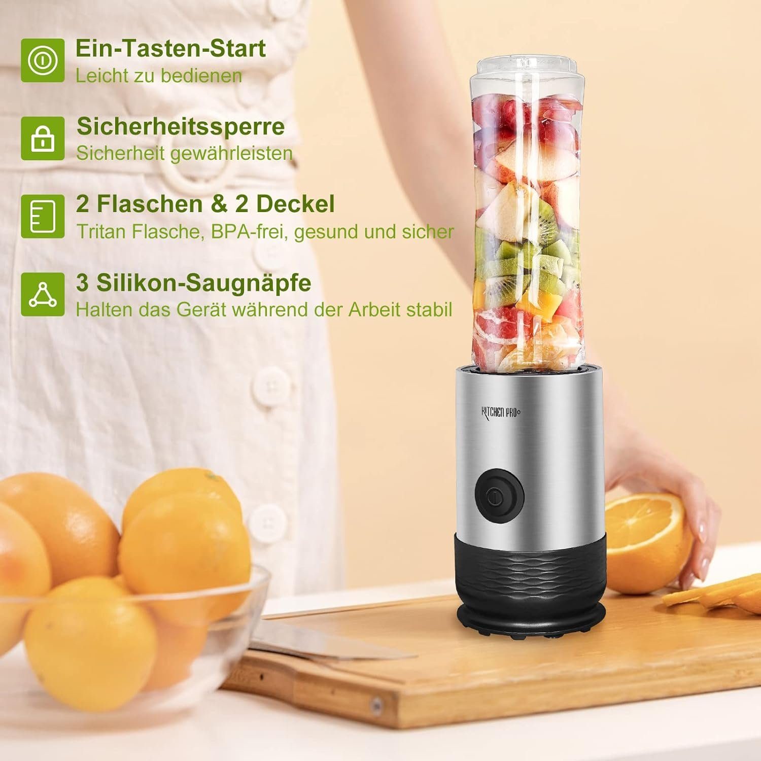 Kitchen Pro + Smoothie-Maker mit 2 To Go Flasche 260W Mixer Blender, 260,00 W, 304-Edelstahl, Leicht zu reinigen, 2 Tritan-Trinkflaschen