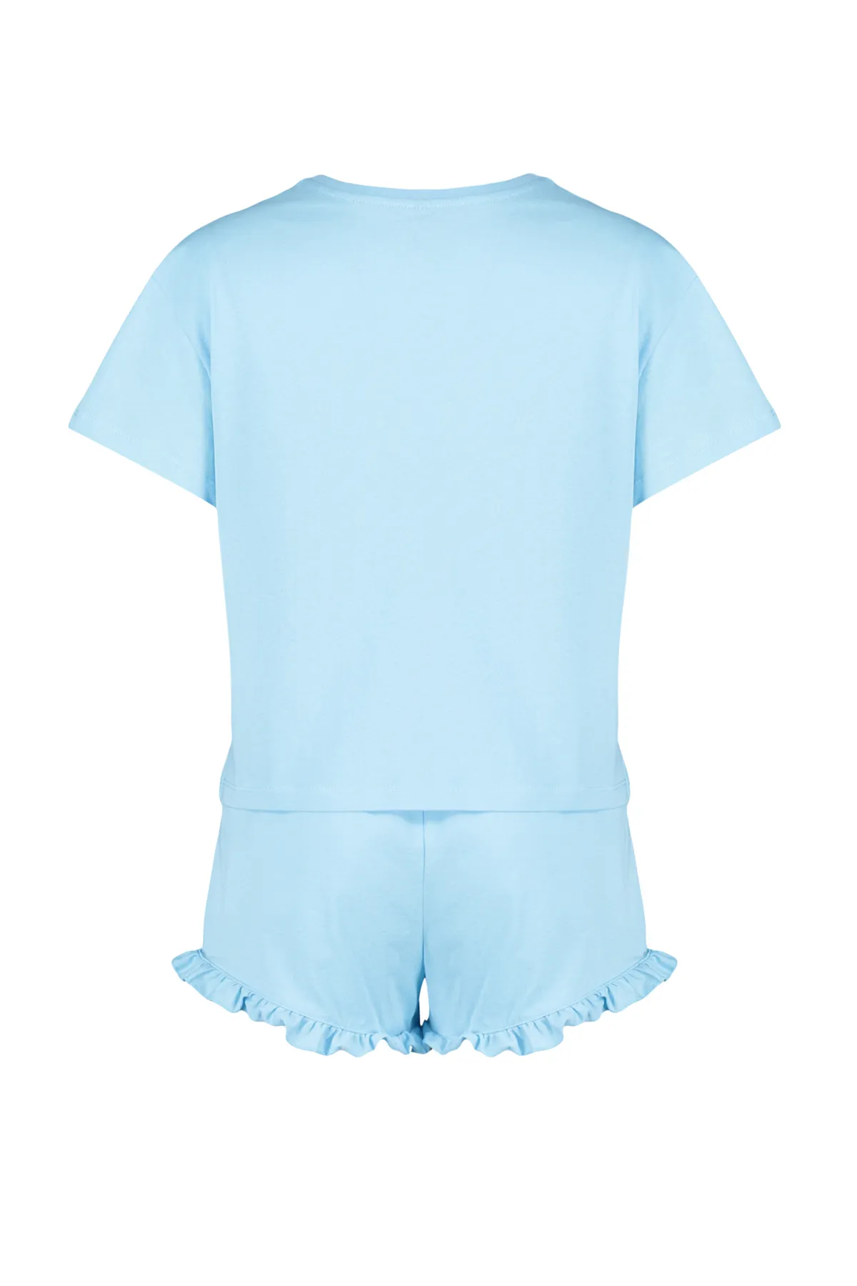 Trendyol Collection  Blaues, gestricktes Pyjama-Set aus 100 % Baumwolle mit bedruckten Rüschen und Details THMSS24PT00113