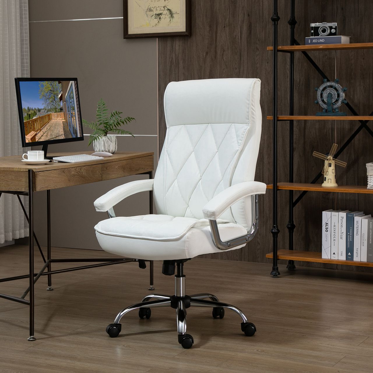 HOMCOM Chefsessel Bürostuhl Schreibtischstuhl Drehstuhl ergonomisch mit Wippenfunktion höhenverstellbar Rautenmuster modern elegant luxuriös PU-Leder Metall Schaumstoff Weiß 66x69x121 cm