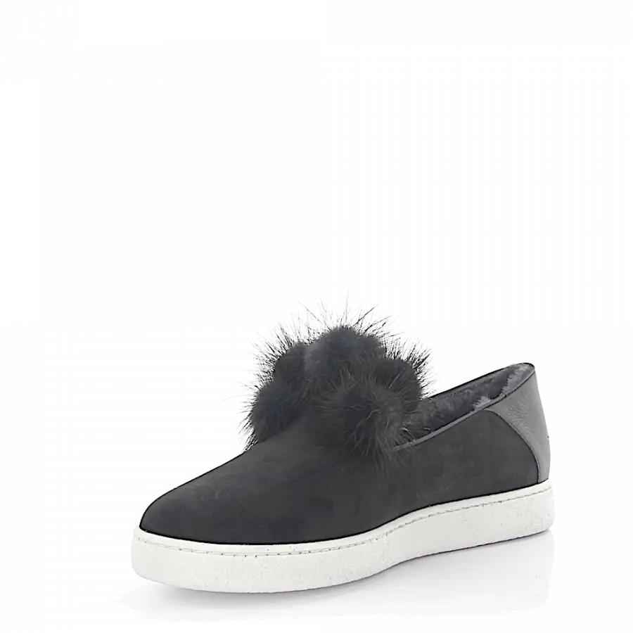Unützer - Halbschuh Slipper 8131 Leder Veloursleder grau Fell - grau