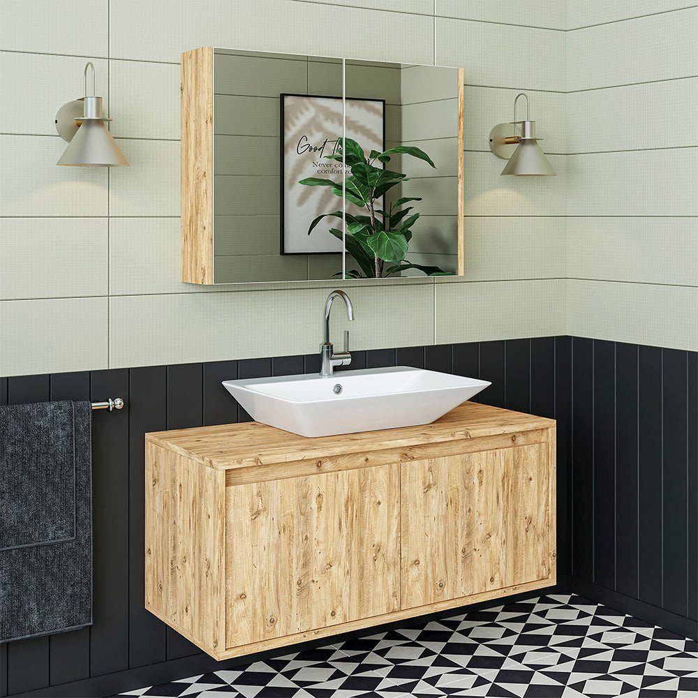 Roomart Badmöbel-Set, (Badmöbel Set 3-teilig 100cm Unterschrank mit Waschbecken Spiegelscrank)