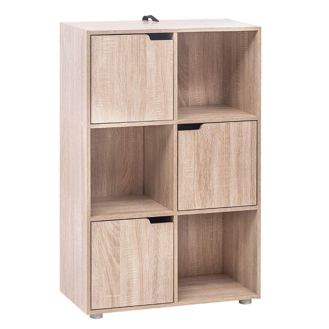 Woltu Bücherregal, 1-tlg., Standregal mit 3 Türen, MDF, 6 Fächer, 60x30x91cm