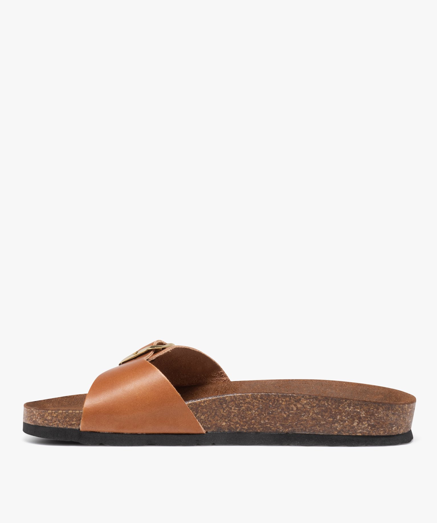 Mules femme à talon plat et bride ajustable en cuir camel | GEMO