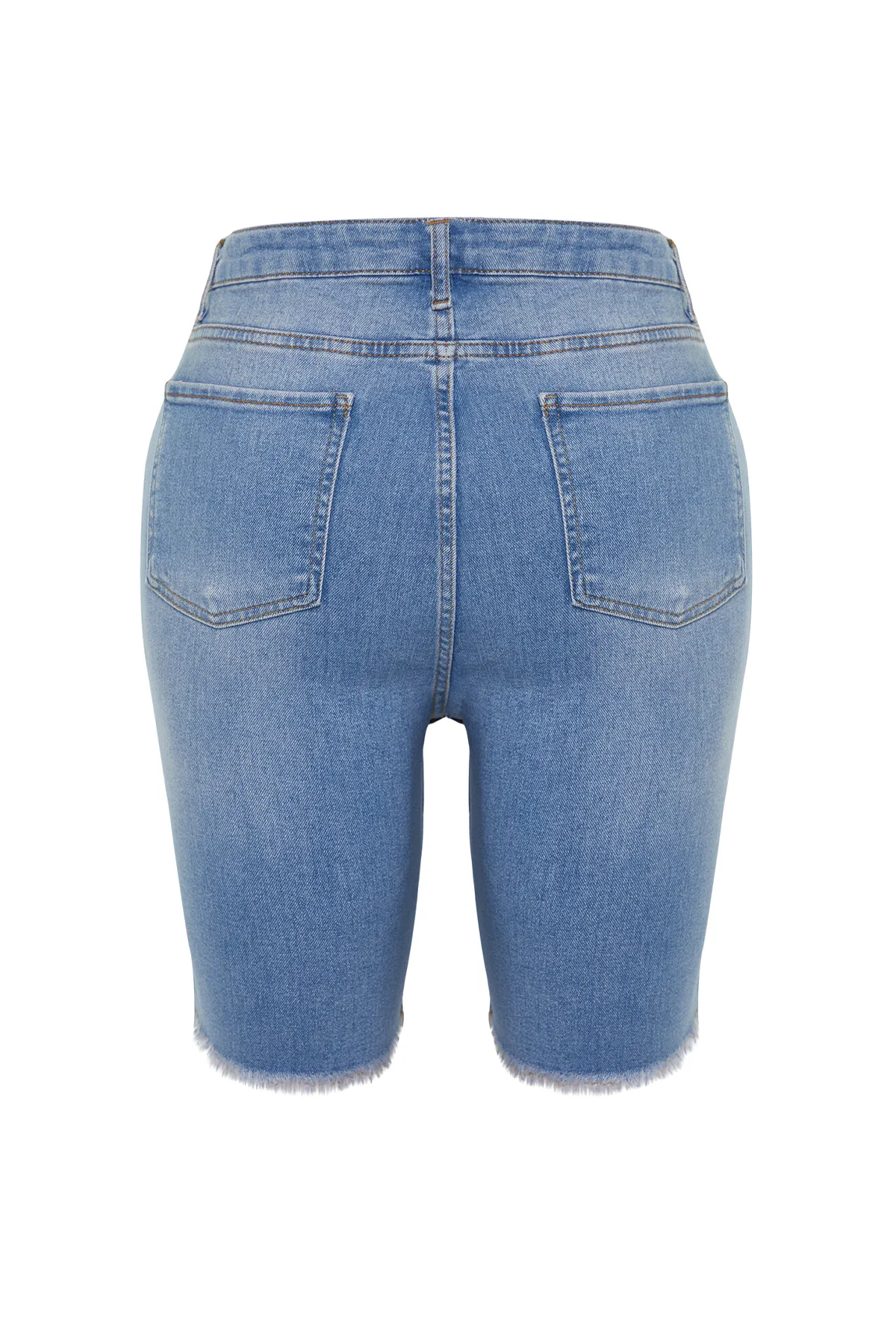 Trendyol Curve  Blaue, dehnbare Skinny-Jeansshorts mit Quasten und Details am Bein TBSSS24AP00012