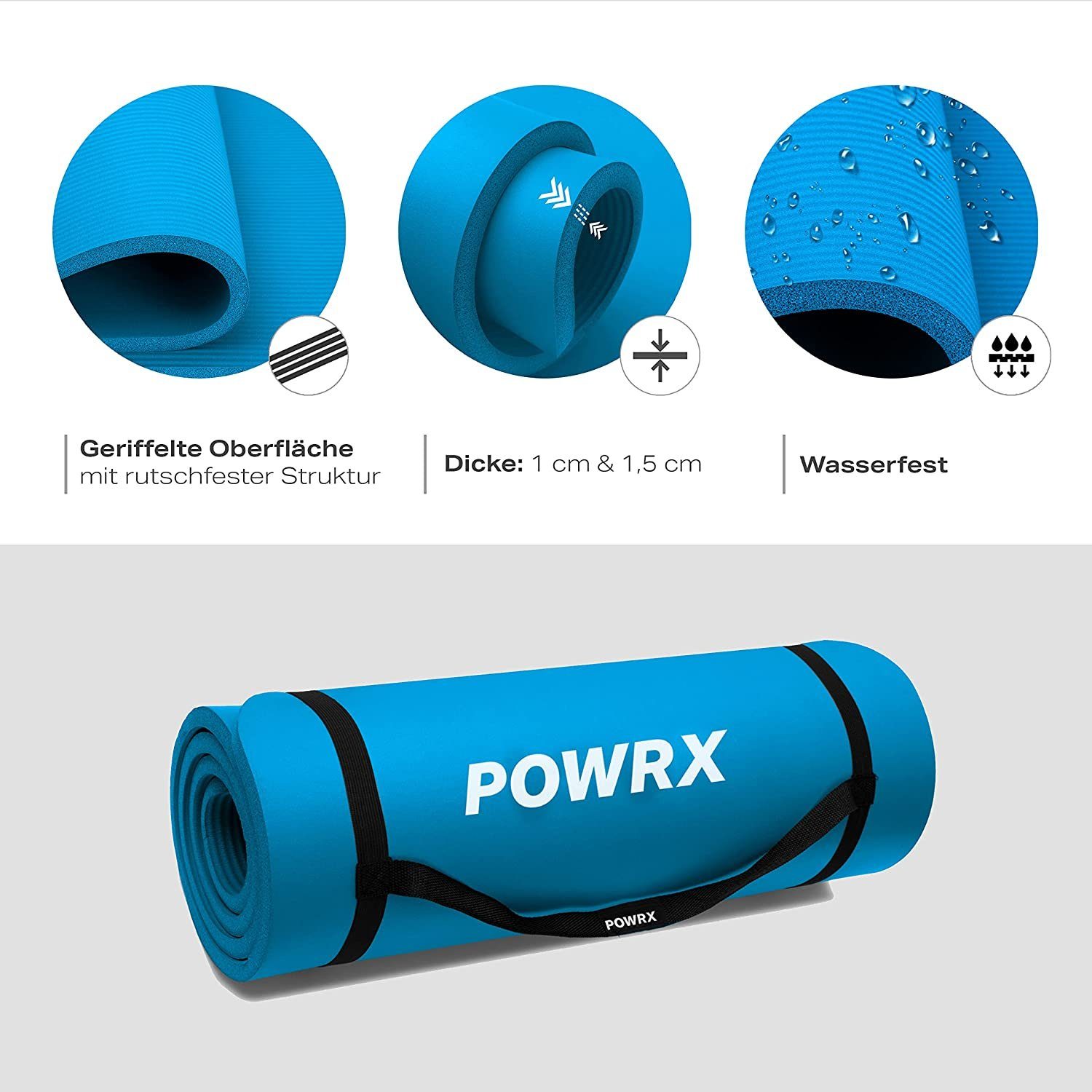 POWRX Yogamatte Gymnastik- & Yogamatte (Blau, 190x60x1cm) inkl. Tragegurt + Tasche, Blau 190 X 60 X 1 Cm