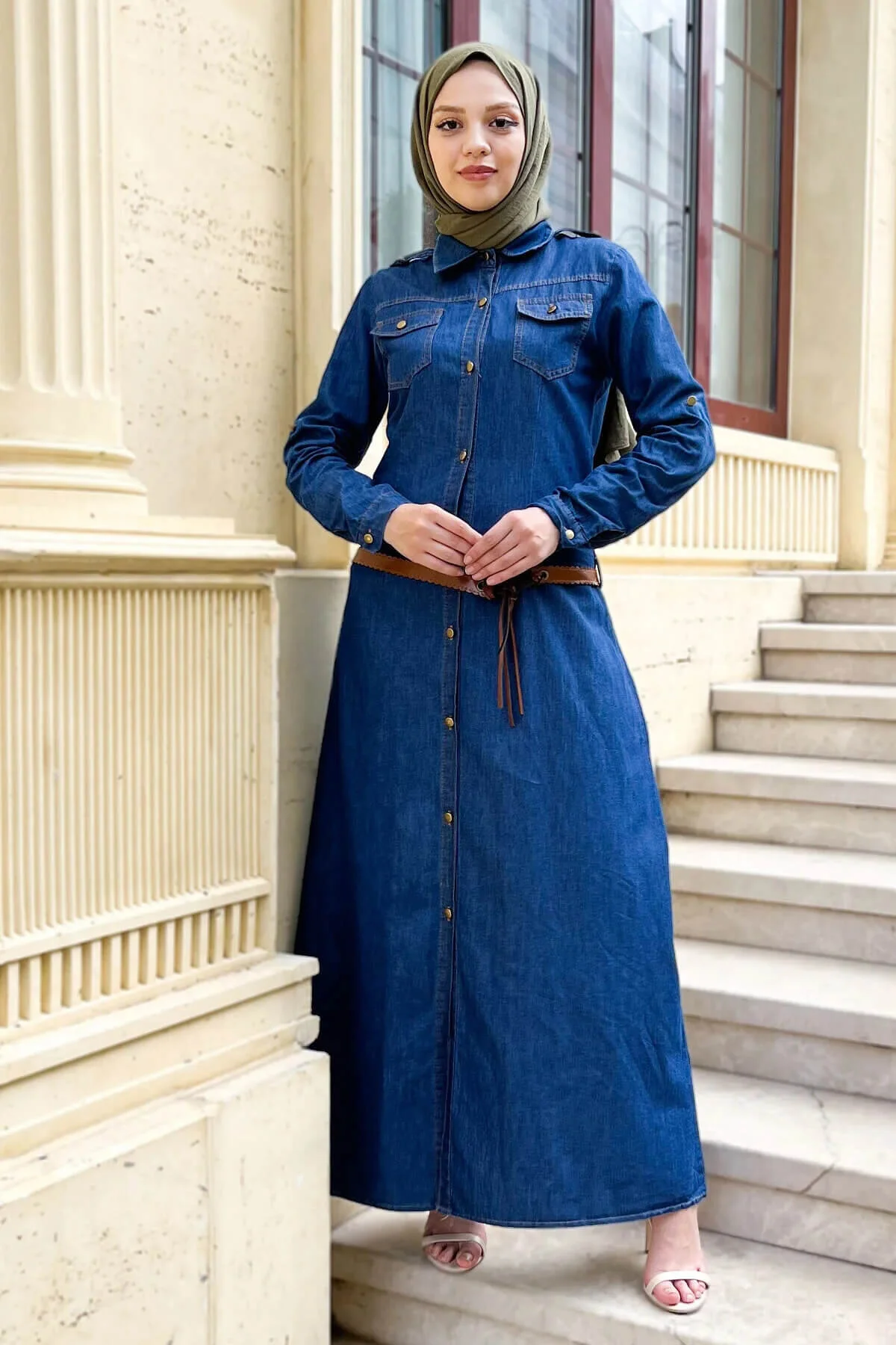 Tesettür Dünyası  Jeanskleid mit Ledergürtel Tsd220838 Dunkelblau