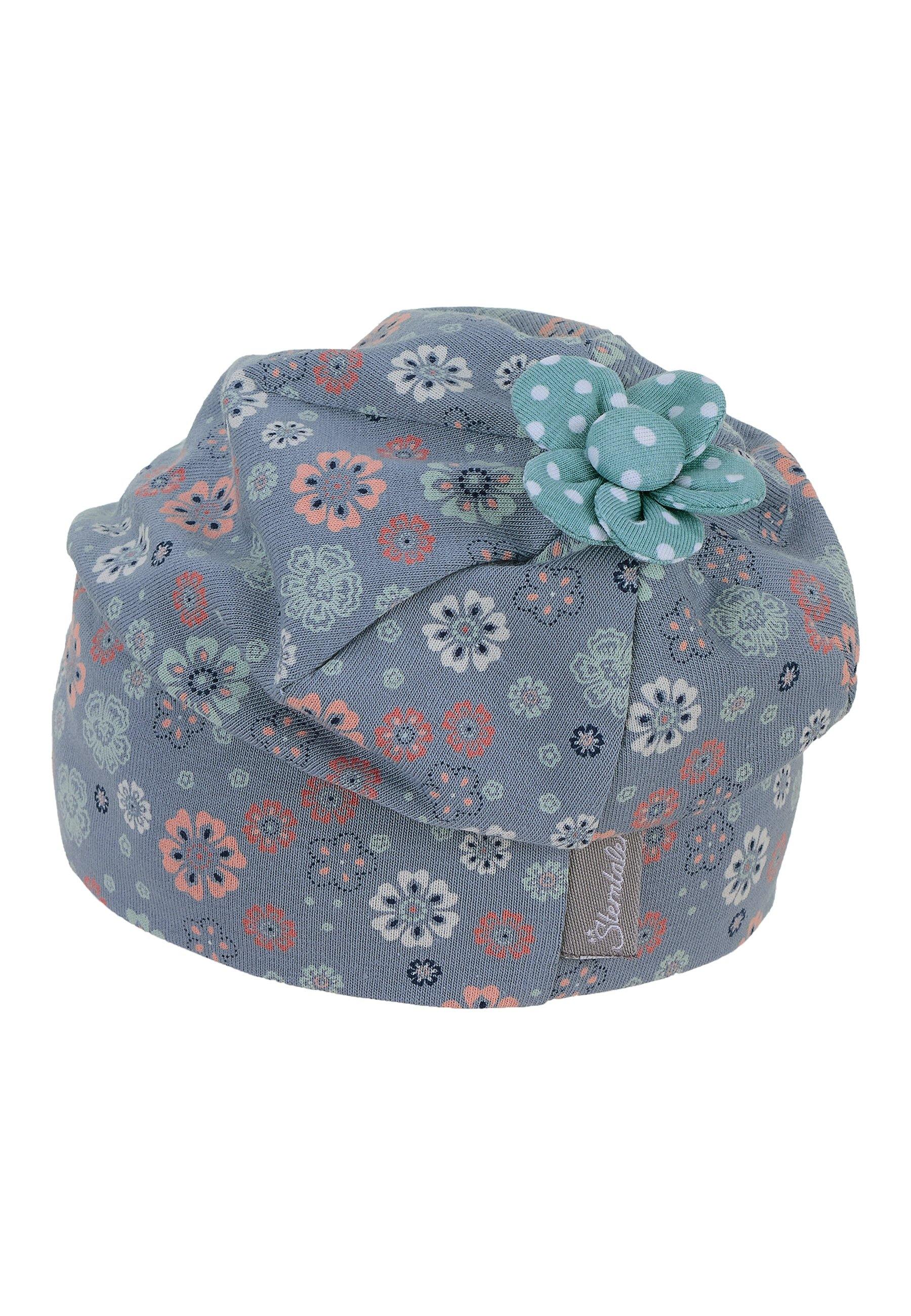 Slouch-Beanie mit Blumenprint in Hellblau und Ecru