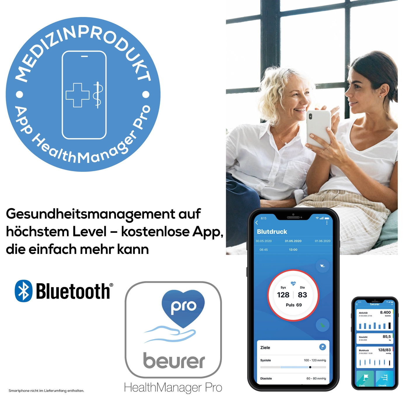 Beurer Blutdruckmessgerät BM 81 easyLock-Bluetooth® Oberarm-Blutdruckmessgerät mit Inflation-Technology & easyLock-Manschette