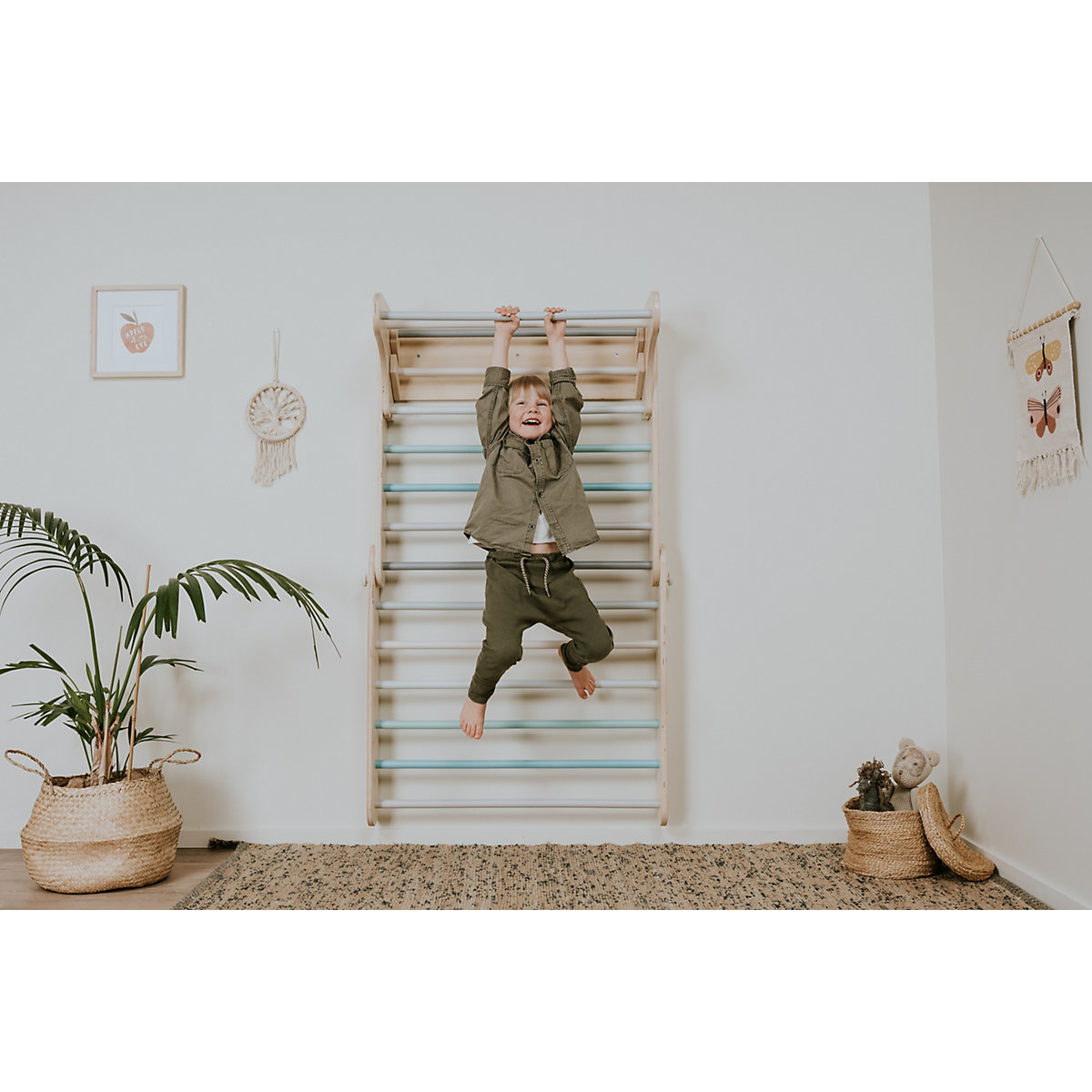 Klettergerüst Sprossenwand mit Rampe und Rutsche Indoor, Kletterdreieck Sprossenwand aus Holz, Klettern Innnen Kleinkind