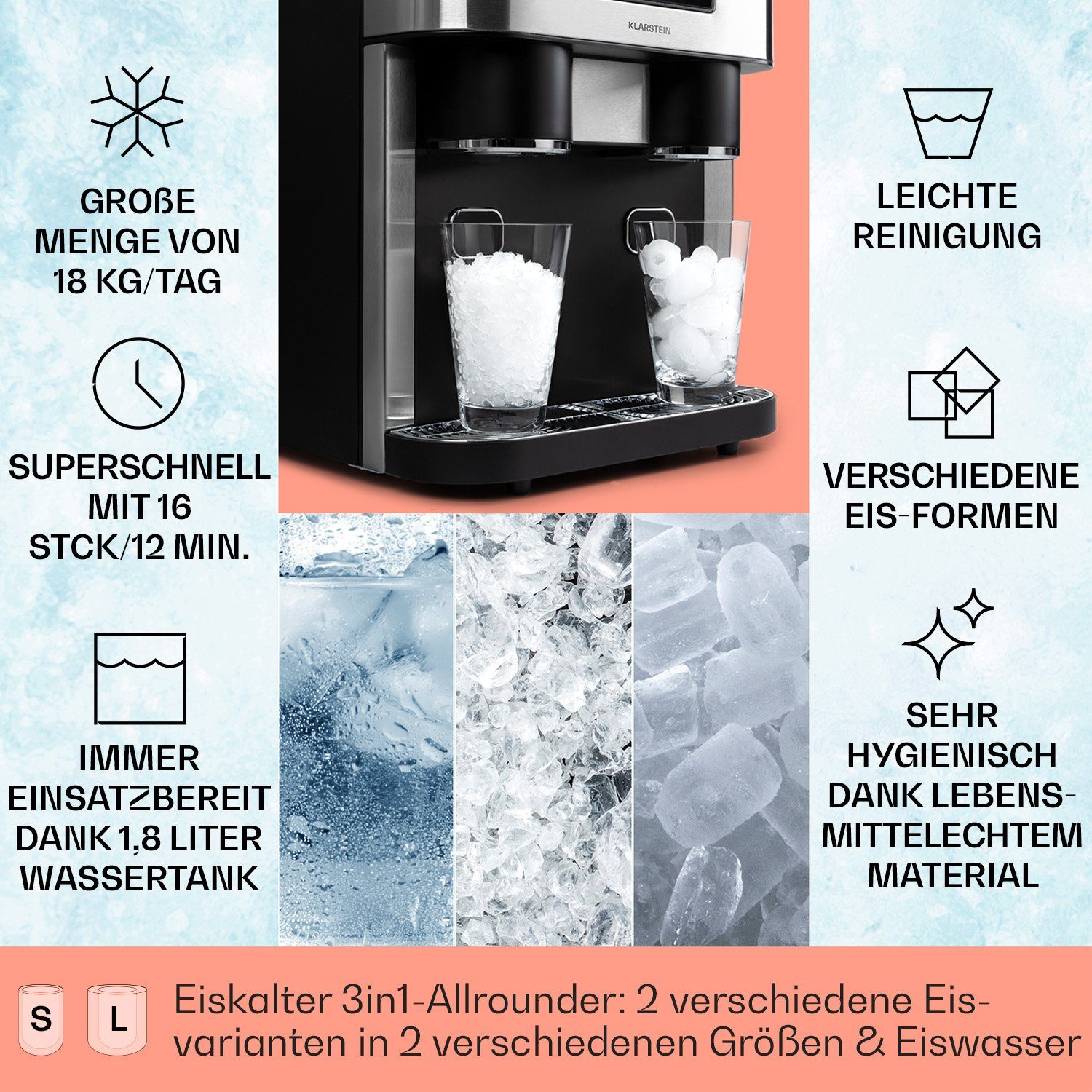Klarstein Eiswürfelmaschine Eiszeit Crush, Eiswürfelmaschine mit Crushed Ice Eiswürfelbereiter Ice Cube Maker