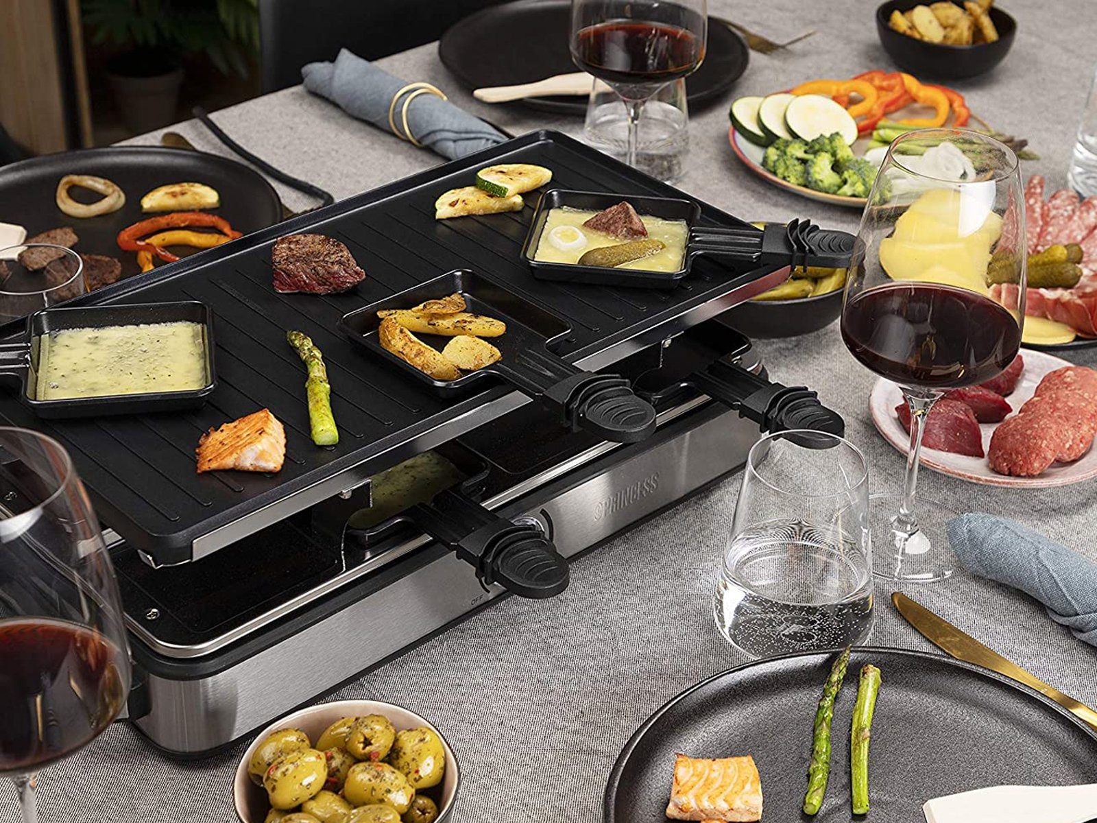 Setpoint Raclette, Großer XL Tischgrill eckig für 2-8 Personen, Raclet Gerät mit 8 Gabeln