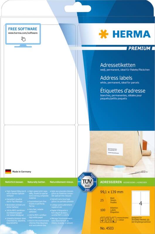 HERMA Versandetiketten 4503 Weiß Rechteckig 99,1 x 139 mm 25 Blatt à 4 Etiketten