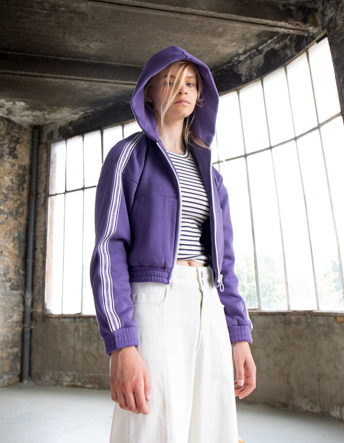 Cardigan violet zippé avec galons rayés fille