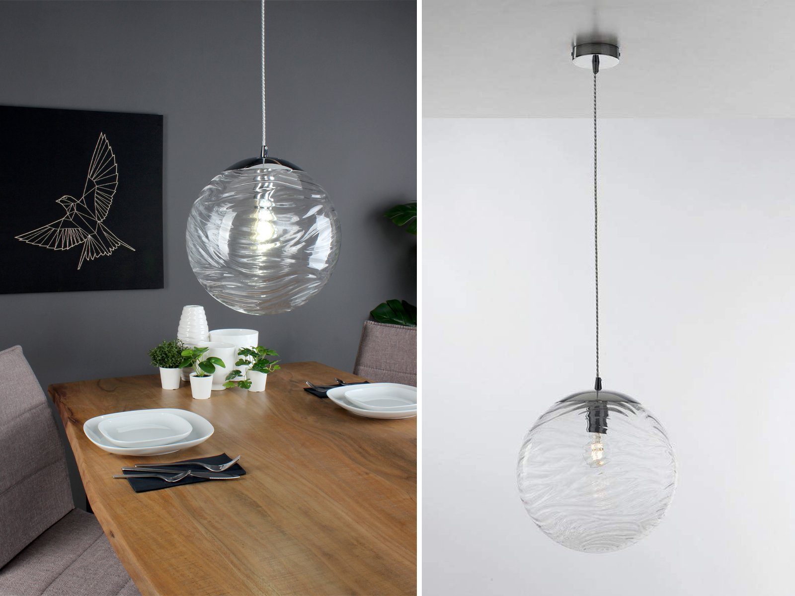 meineWunschleuchte LED Pendelleuchte, Dimmfunktion, LED wechselbar, Warmweiß, Designer Glas-kugel für über-n Esstisch & Kücheninsel hängend, Ø 33cm