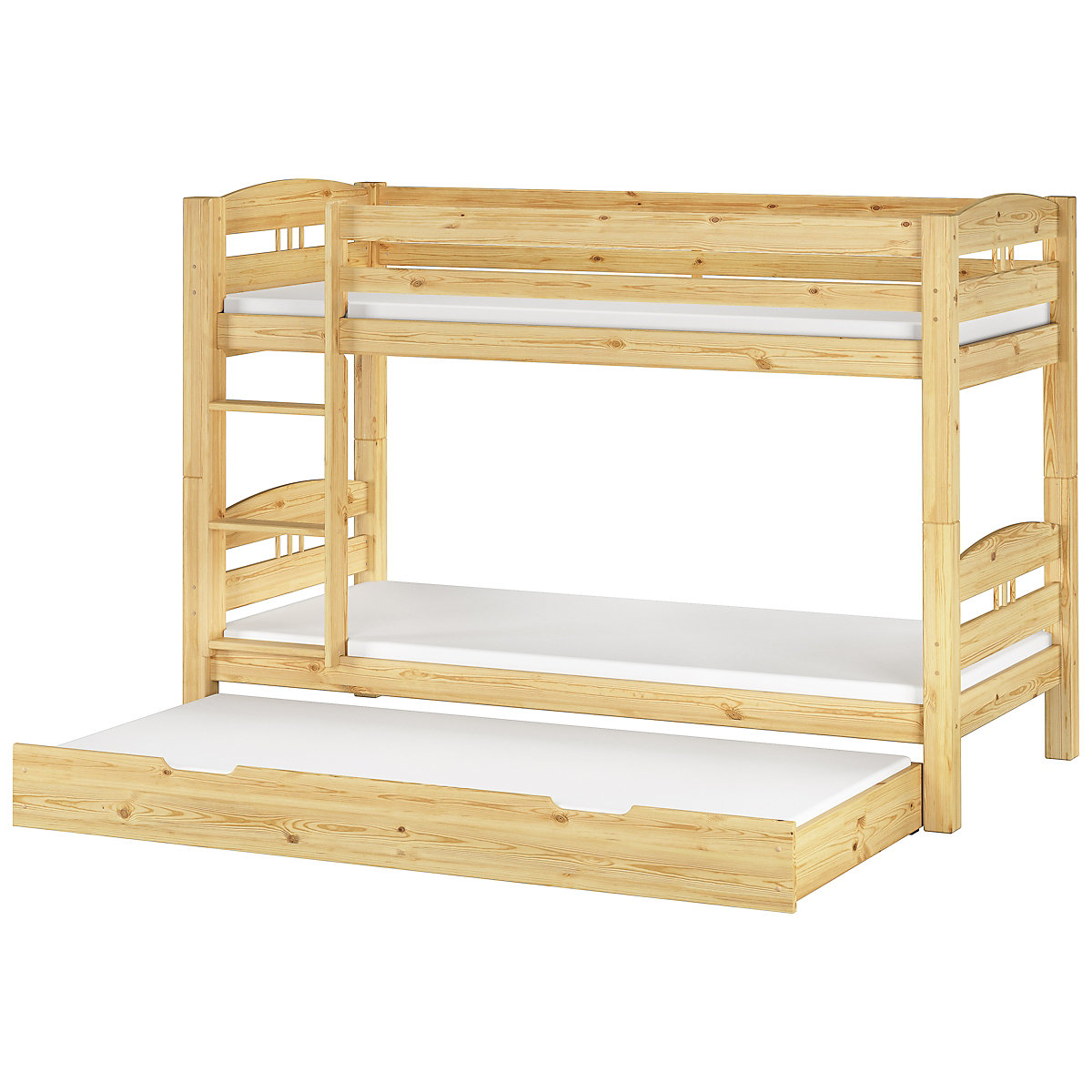 Etagenbett 90x200 Kiefer + Rollroste, Matratzen, Gästebettkasten