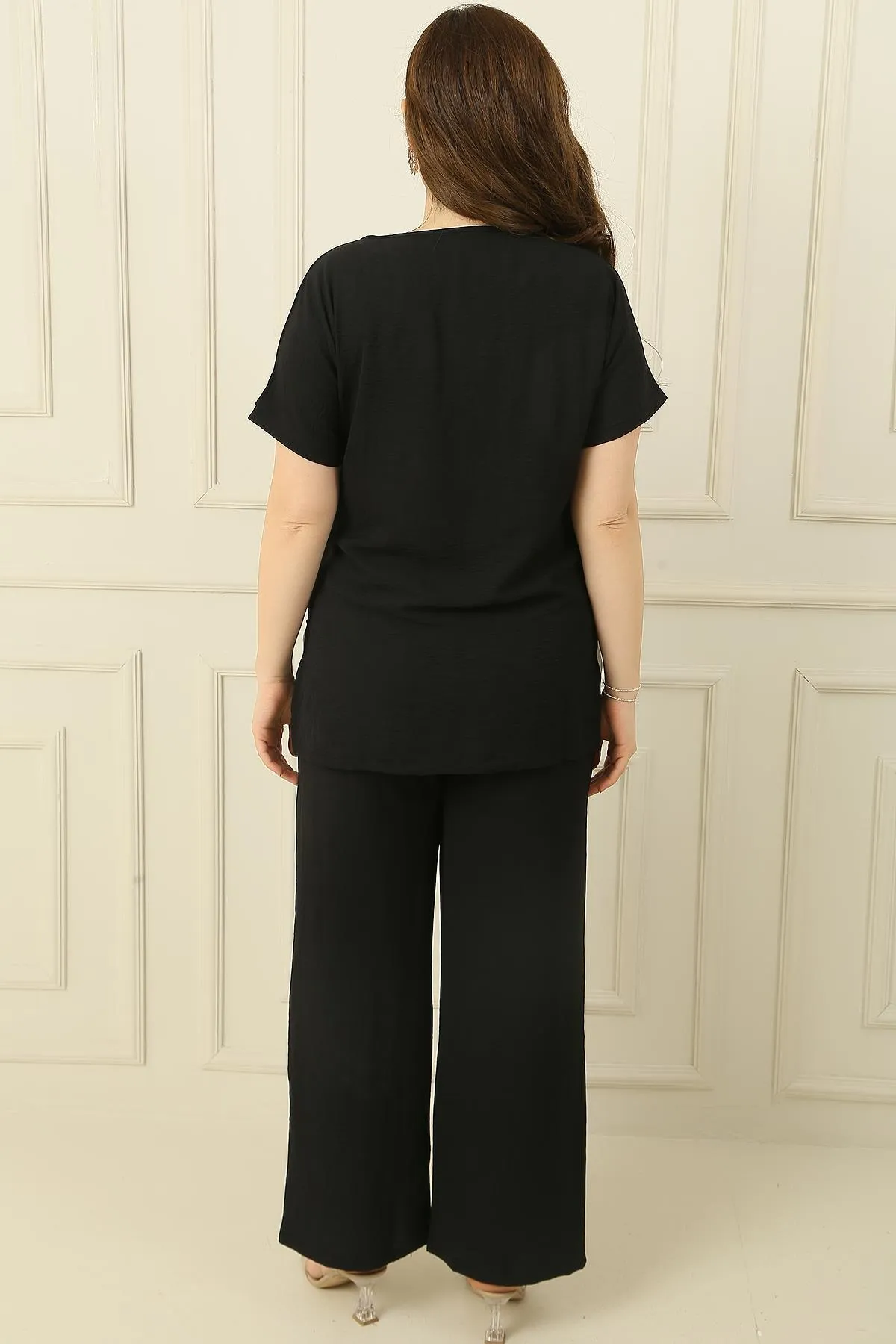 By Saygı  Verzierte Bluse vorne, elastische Taille, Tasche, Palazzo-Hose, Ayrobin, großes 2-teiliges Set