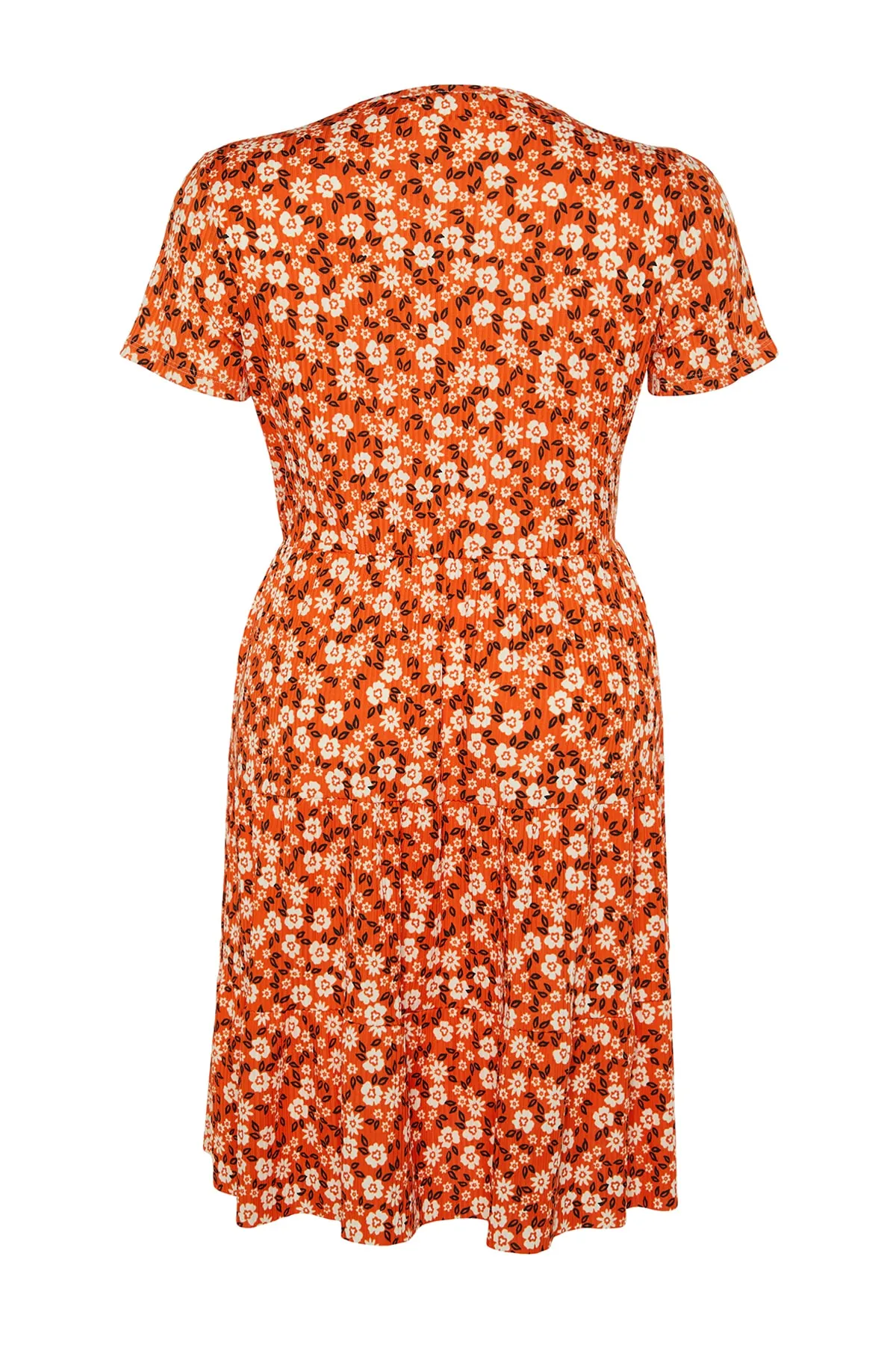 Trendyol Curve  Orangefarbenes Strickkleid mit V-Ausschnitt und Blumenmuster TBBSS22EL1638