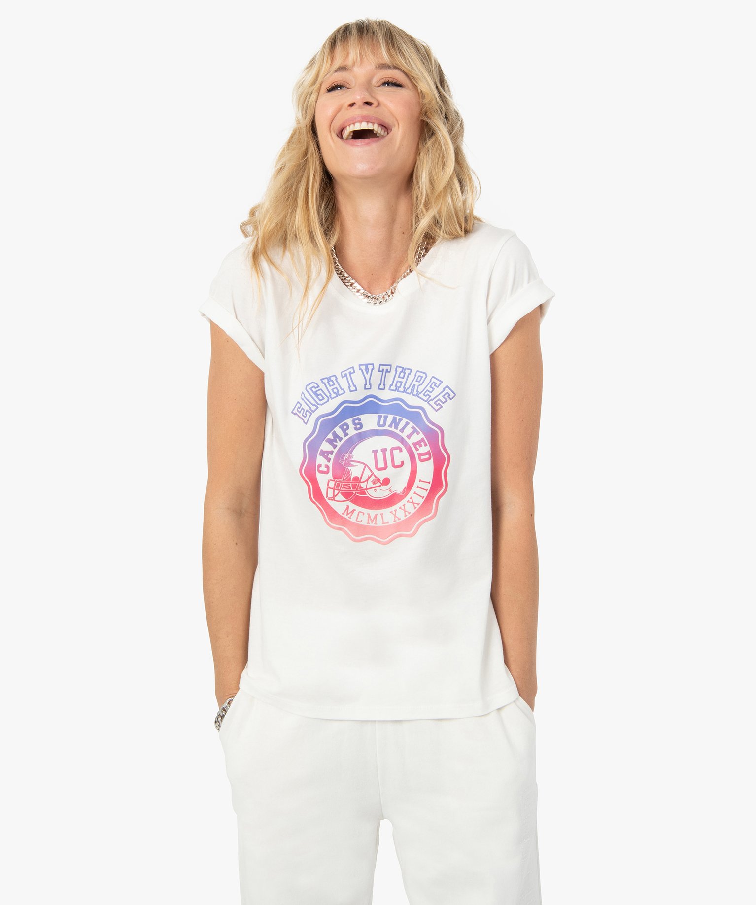 Tee-shirt femme à manches courtes avec motif – Camps United ecru | GEMO